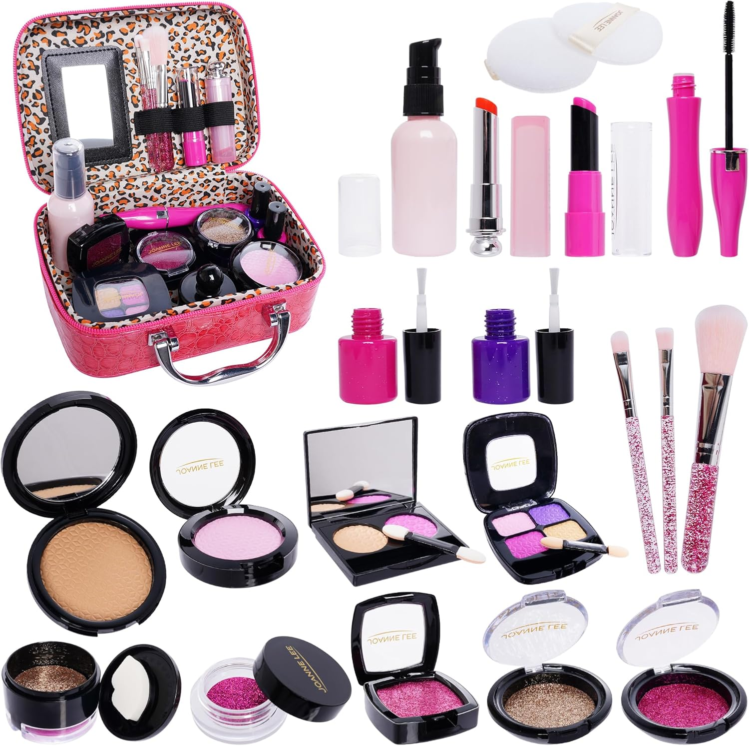 Pretend Makeup Kit for Girls Kids Pretend Play Makeup Set with Exquisite Leather Bag and Gift Box for Birthday Christmas Age 3+ (Not Real Makeup) (21Pcs Pink Kit) image number 6