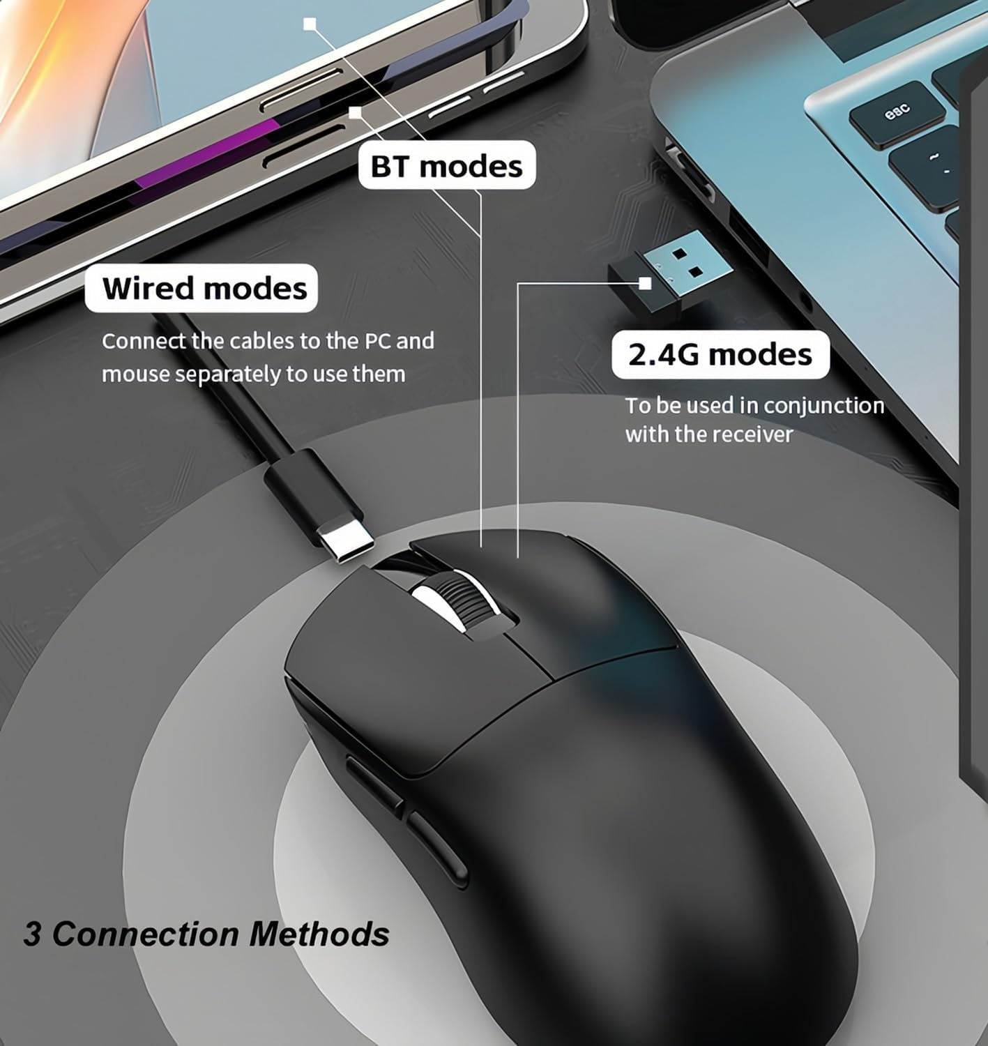 Lancoon Wireless Gaming Mouse with 12000 DPI Adjustable PU Sticker PAW-3311 Sensor 2.4G Tri-Mode Lightweight Rechargeable Long Lasting for Laptop Computer Office Home - White image number 6