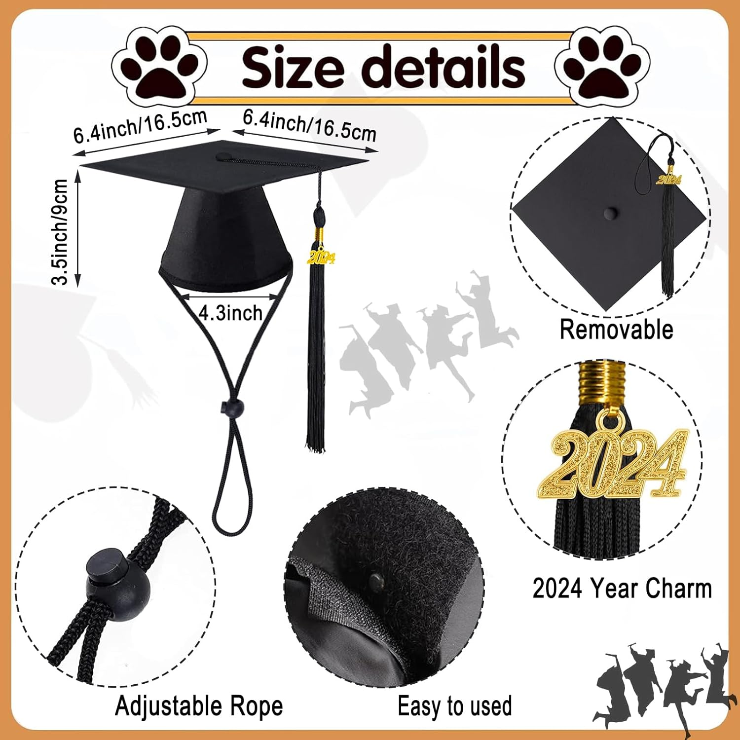 Pet Graduation Cap with 2024 Black Tassel - Dog Hat Costume for Cats and Puppies - Holiday Outfit Accessory for Party Dress-Up and Photo Prop (Black) - Yellow image number 7