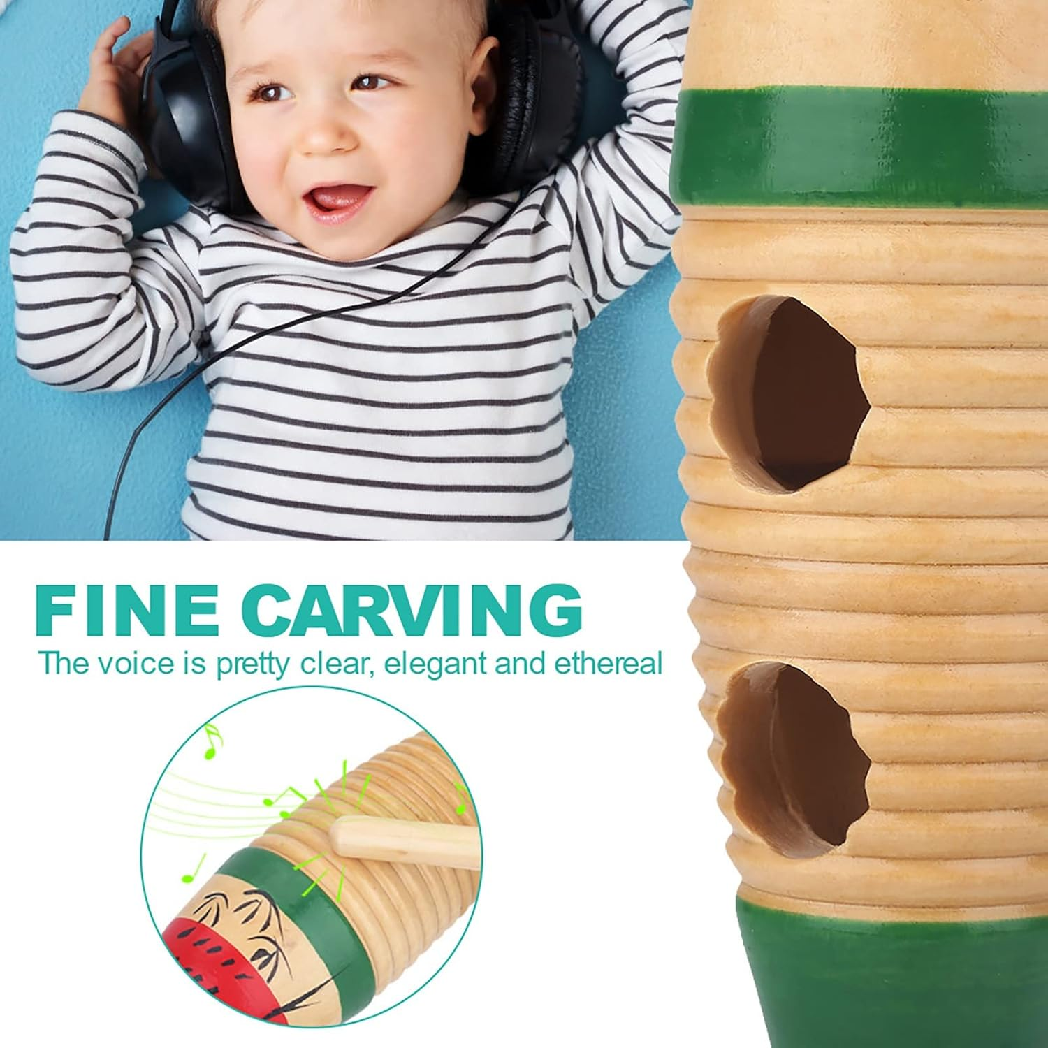 Guiro, 8.3 Inch Fish Shaped Latin Percussion Musical Instrument, Wooden Colorful Guiro Instrument, Frog Instrument for Beginners and Professional Band Accompaniment with Sticks image number 1