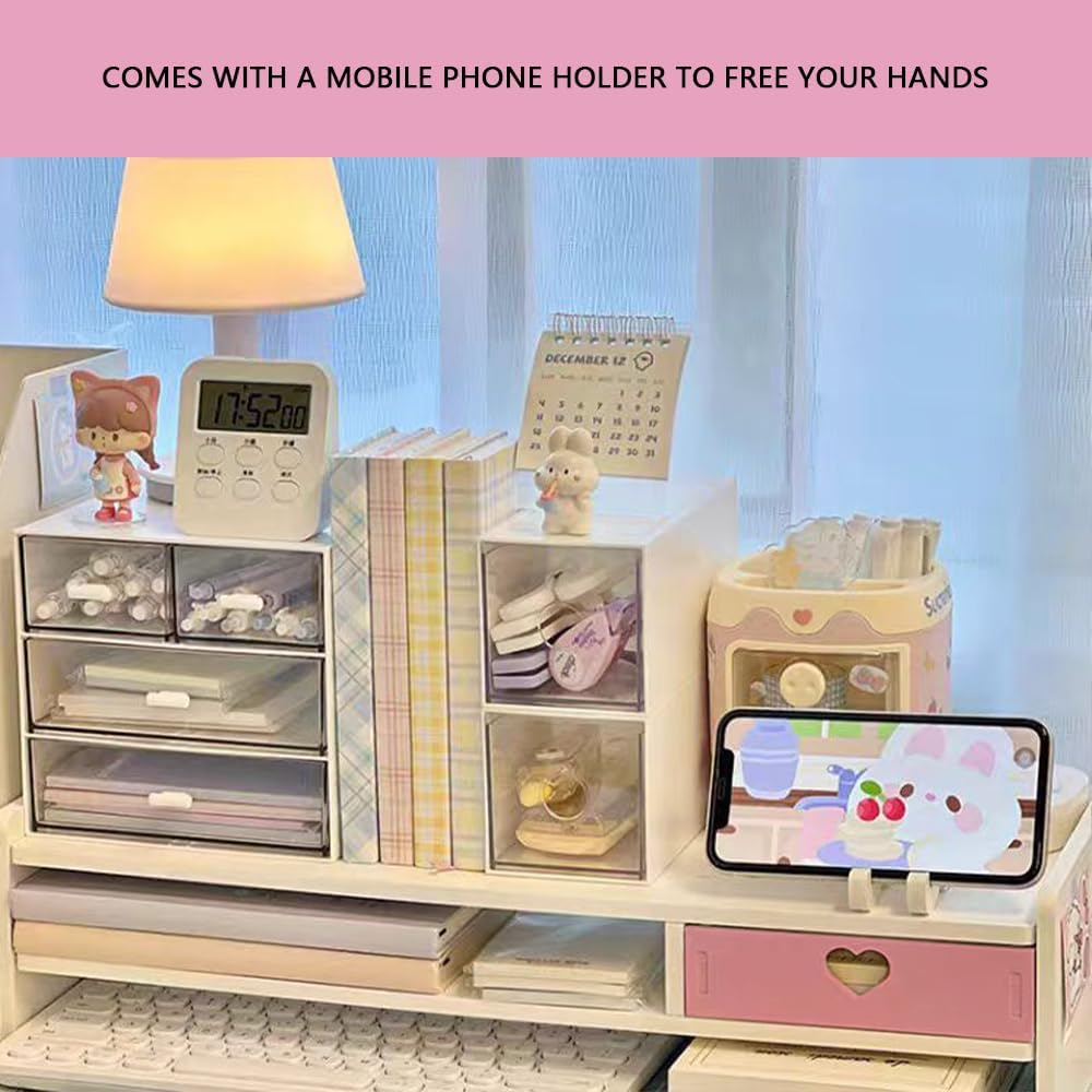 Two Tier Computer Desk Organizer Monitor Stand with Drawer, Desktop Printer Stand for PC, Laptop, Imac, Notebook, Office Desk Storage with 1 PCS Drawer image number 5