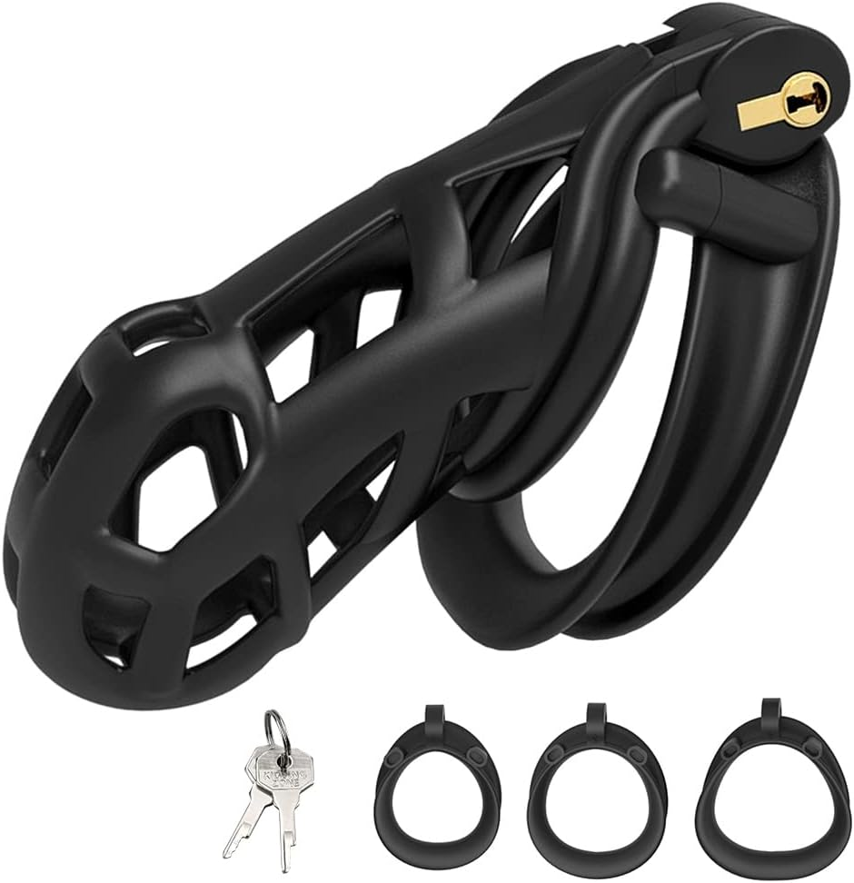 Sex Factory Male Cock Cage Chastity Device Tease Resin Chastity Locked Cage with 4 Different Size Rings for Male Exercise (Black) image number 3