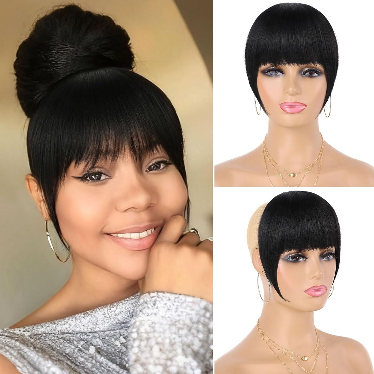 G&T Wig Yaki Clip in Bangs for Black Women Short Straight Bangs Hair Extensions Clip on Bangs with Temple Thick Bangs Fringe Hairpieces (1B,Single Bangs) image number 3