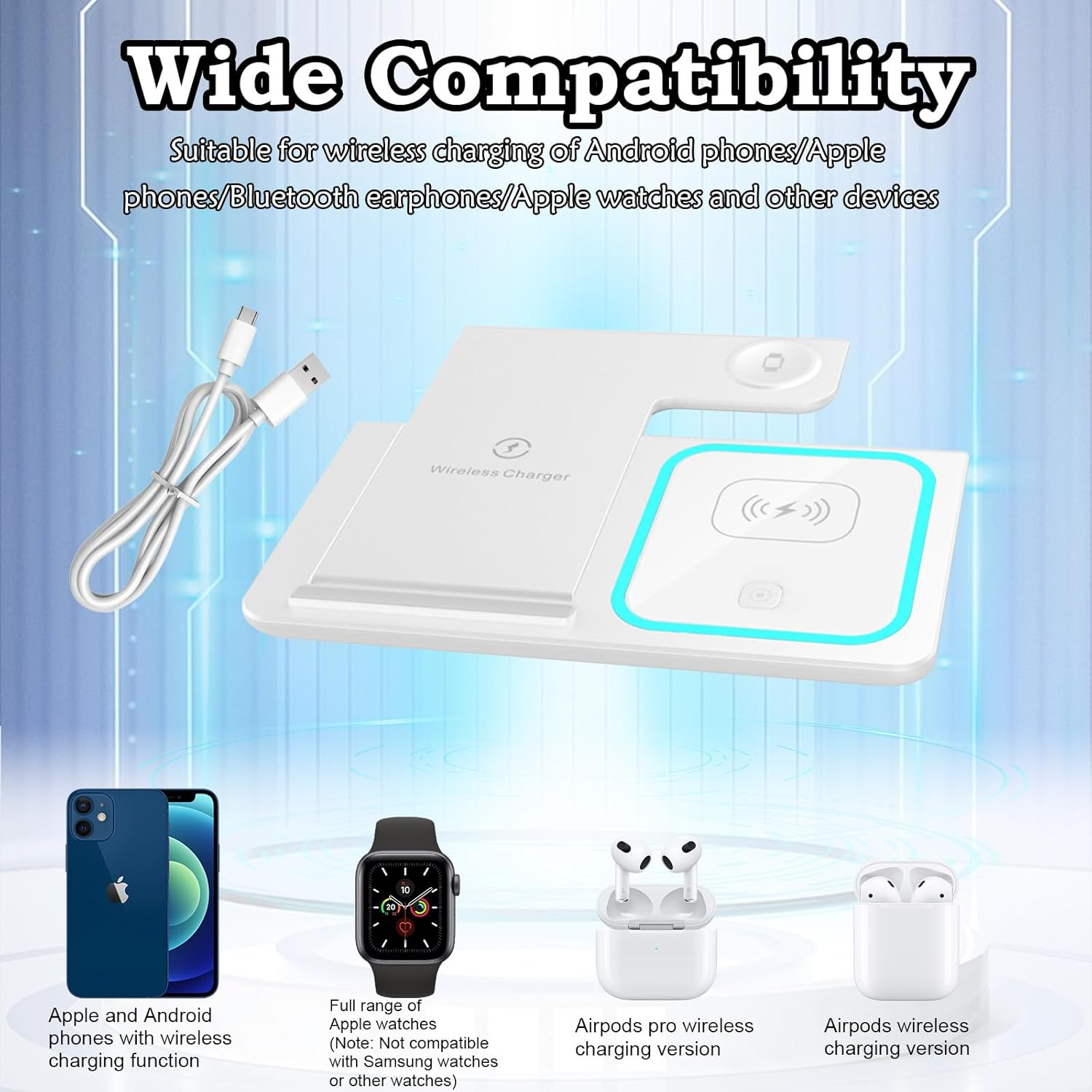 3 in 1 Wireless Charging Station,15W Fast Wireless Charging Station,Universal for Android and Iphones Wireless Charger for Iphone 16/15/14/13/12 Pro & Max Series,Airpods,Apple Watch（White） - B image number 2