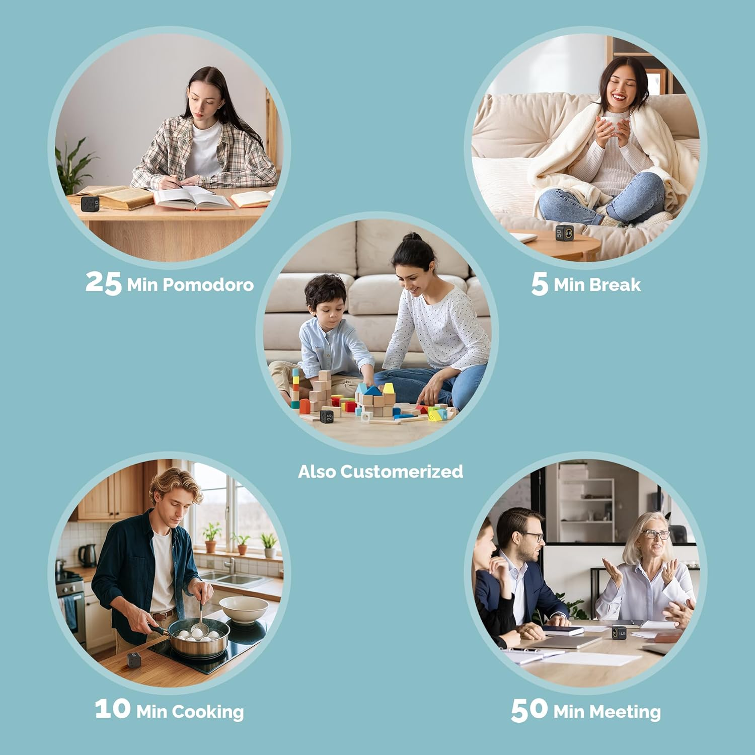 KADAMS Rotating Visual Timer Productivity Pomodoro Cube, 5/10/25/50 Min Countdown Customizable Stopwatch Silent Mode &ndash; Ideal for Work, Study, Cook Workout Kitchen School Classroom, Office Black - White image number 6