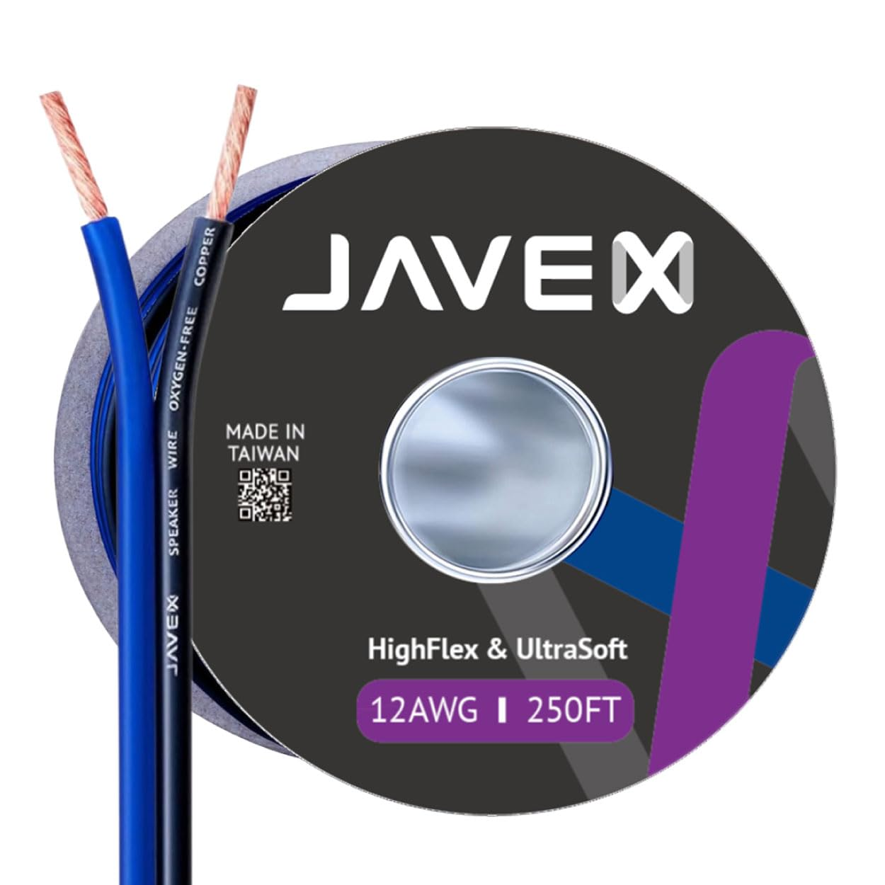 JAVEX 12-Gauge AWG Audio Speaker Wire (250 FT), [OFC Oxygen-Free Copper] Thin Flat Cable for Automotive Car Stereo Audio, HI-FI Stereo, Home Theater, Blue/Black image number 3