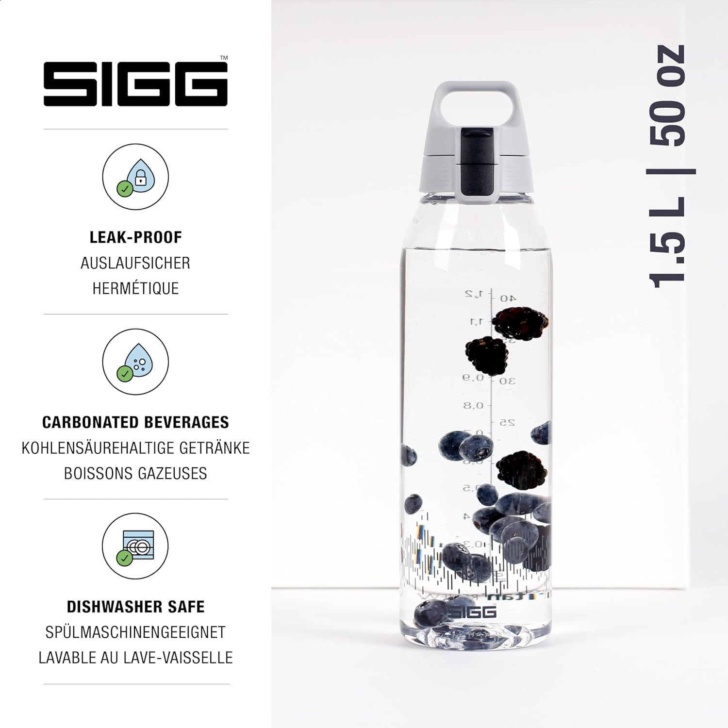 SIGG - Tritan Renew Transparent Water Bottle - Total Clear ONE Myplanet Anthracite - Suitable for Carbonated Beverages - Dishwasher Safe - with Fruit Strainer - Leakproof - BPA Free - Grey - 51 Oz - Berry Myplanet image number 2