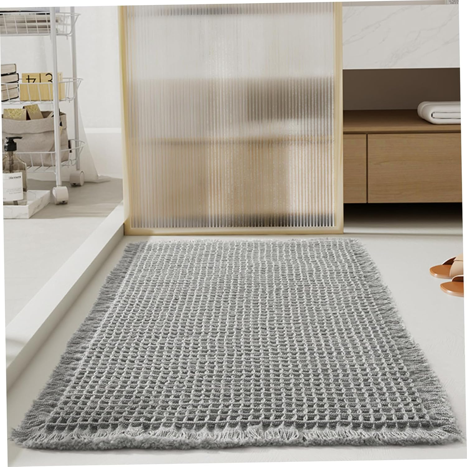 Waffle Bath Mat 24"X36" Soft ＆ Absorbent Woven Bath Mat Non Slip Waffle Bathroom Rug Machine No Shredding Washable Bathroom Mats with Tassels for Bathroom Floor beside Tub Grey, Woven Bath Mat, Waff