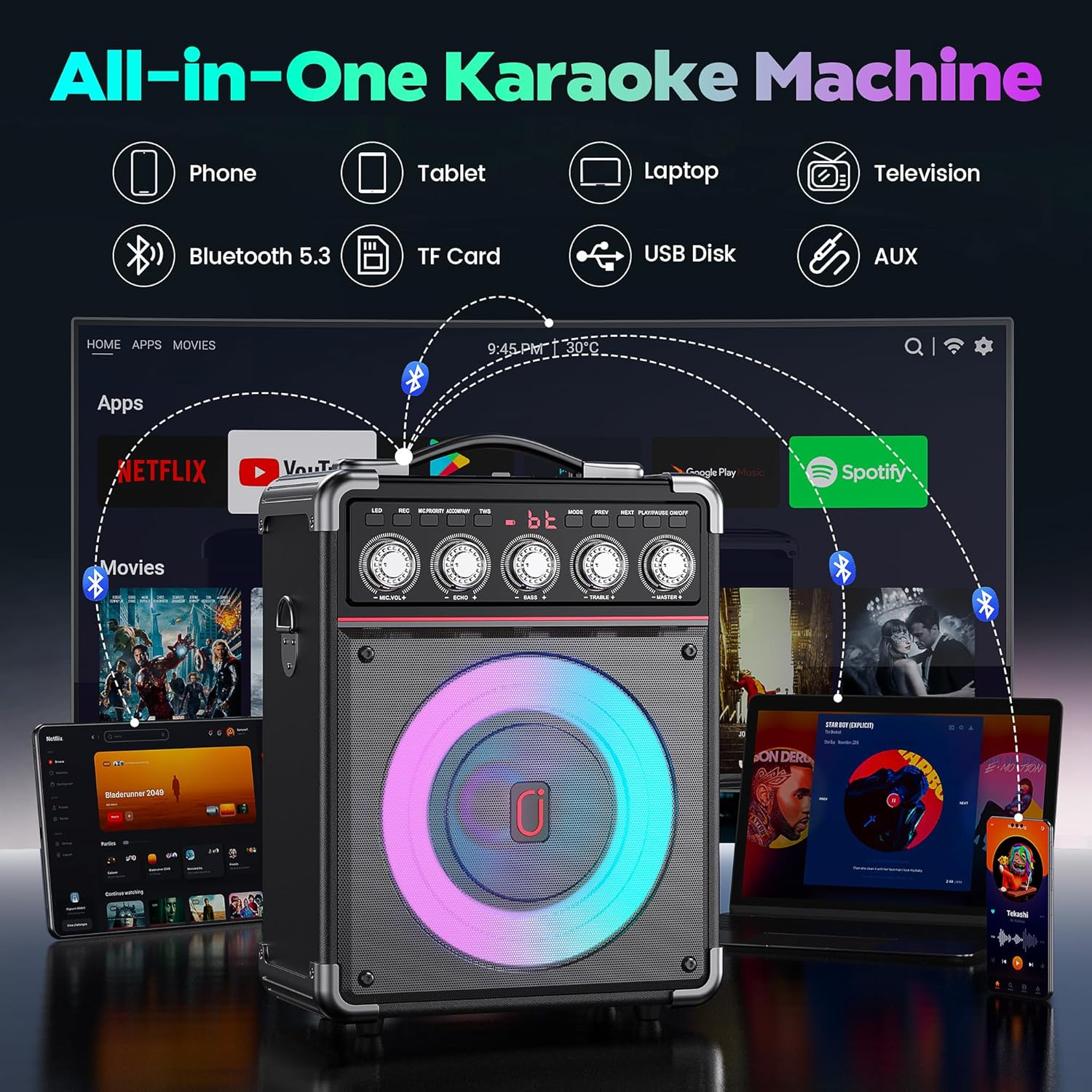 Karaoke Machine with 2 Wireless Mics, Portable Bluetooth Speaker with Disco Lights, Bass/Treble Control & Remote, PA System for Home, Outdoor, Parties & Events, Supports REC, USB, AUX, TF Card image number 1