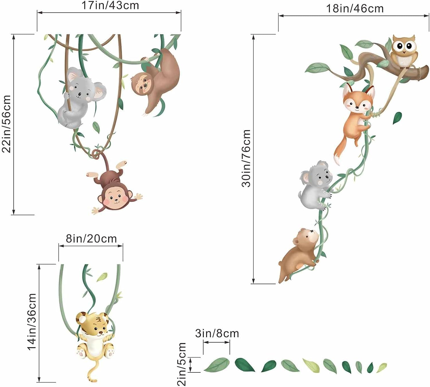 Baby Animals Wall Stickers for Nursery: Kids Boys Bedroom Classroom Daycare Wall Decals - Jungle Animals Climbing Tree Fox Giraffe Monkey Sloth Koala image number 1