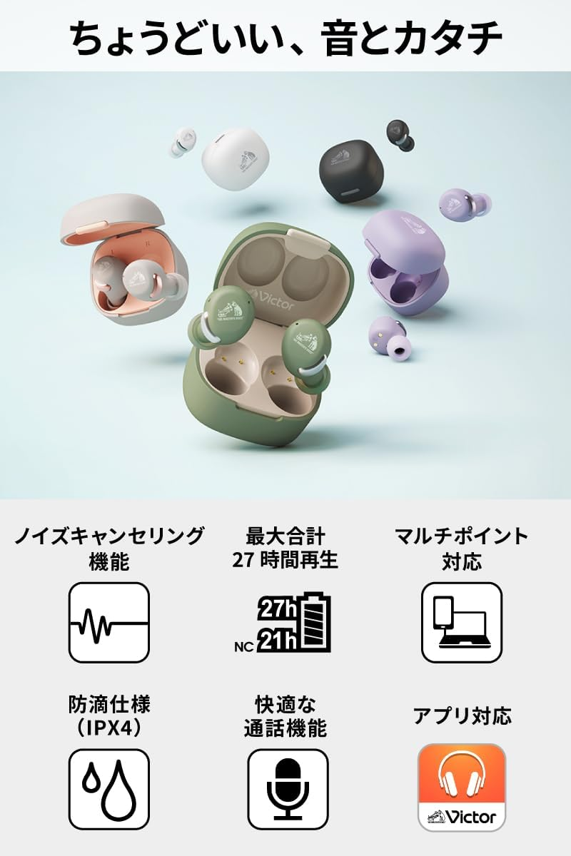 JVCKENWOOD Victor HA-A30T2-G Wireless Earphones, Bluetooth Ver.5.3, Noise Canceling, App-Compatible, Multipoint, Total 27 Hours Playback, Microphone Included, Small, Lightweight, Outside, Waterproof, image number 6