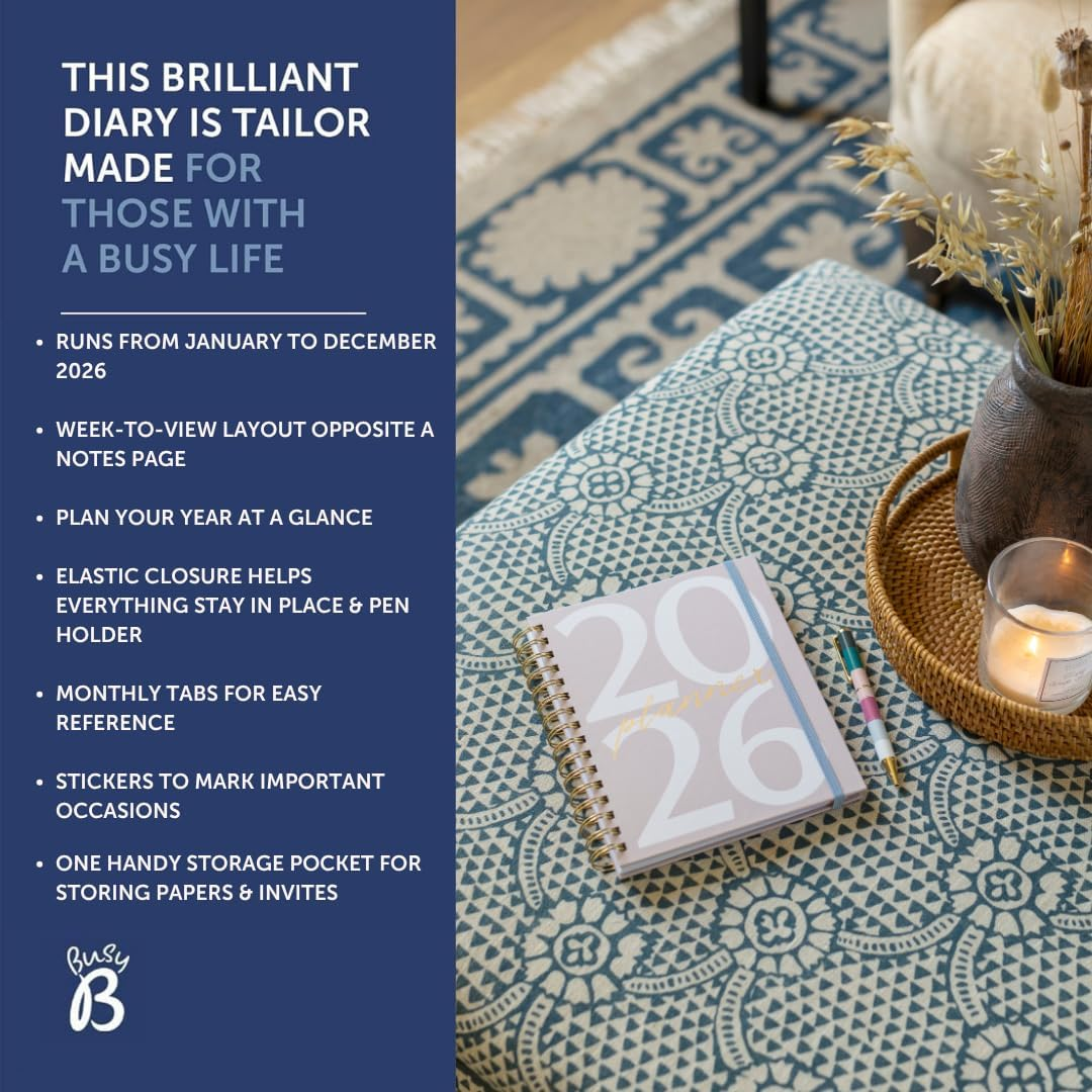 Busy B 2026 A5 Spiral Diary - Weekly Planner Journal &ndash; Desk Diary for Work or Home - Monthly Planning for Prioties and Goals with Tabs, Stickers, Pocket & Elastic Closure - Pink Graphic image number 2