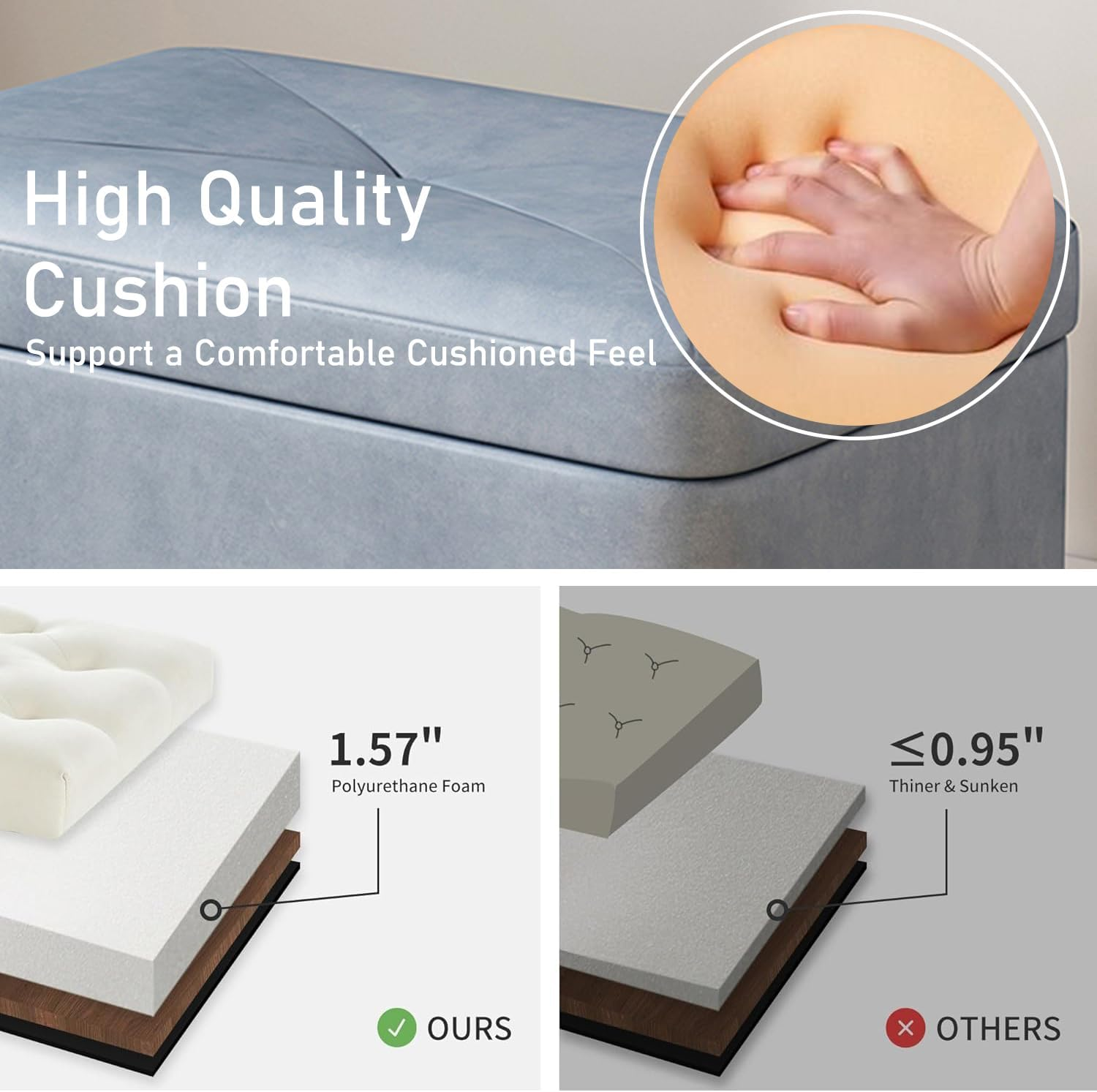 Uandhome Storage Ottoman Cube Storage Box,Multipurpose Foot Stool PU Faux Leather,Square Ottoman Shoe Bench with Padded Seat for Living Room Bedroom Dorm (Blue) - Light Gray image number 3