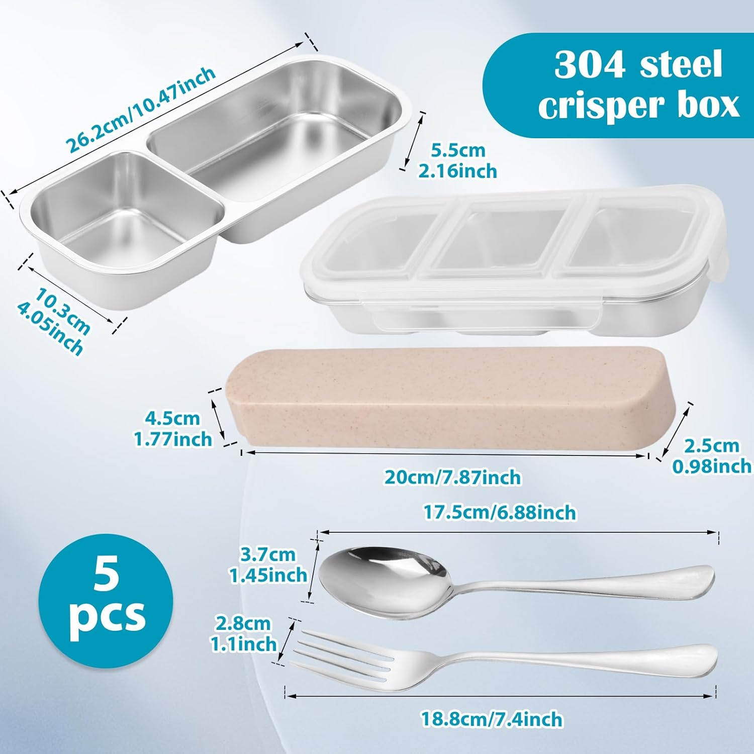 2 Pcs Stainless Steel Snack with Lid, 600/700Ml Leak Proof Crisper Compartment Box Reusable Snack Pack Container with Fork Spoon Utensil Organizer for Home Office Traveling image number 2
