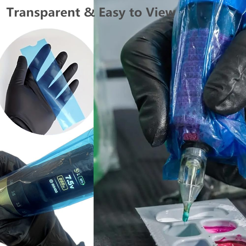 Large Machine Pen Covers with Grip Tape - Yuelong 200Pcs Blue Tattoo Pen Bags and 4Pcs Grip Wrap Kit Combination Machine Sleeves Bags Self-Adhesive Grip Covers Tattoo Supplies for Artist - Clear image number 2