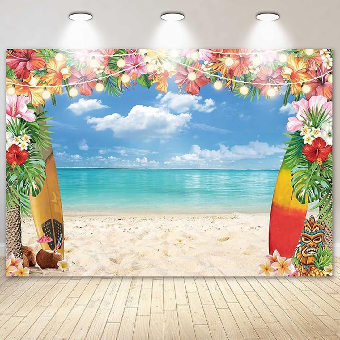 7X5Ft Summer Hawaiian Beach Backdrop for Photography, Tropical Flower Luau Hawaiian Party Decorations, Background Tropical Luau Photo Backdrop Aloha Blue Sky Ocean Palm Leaves image number 5