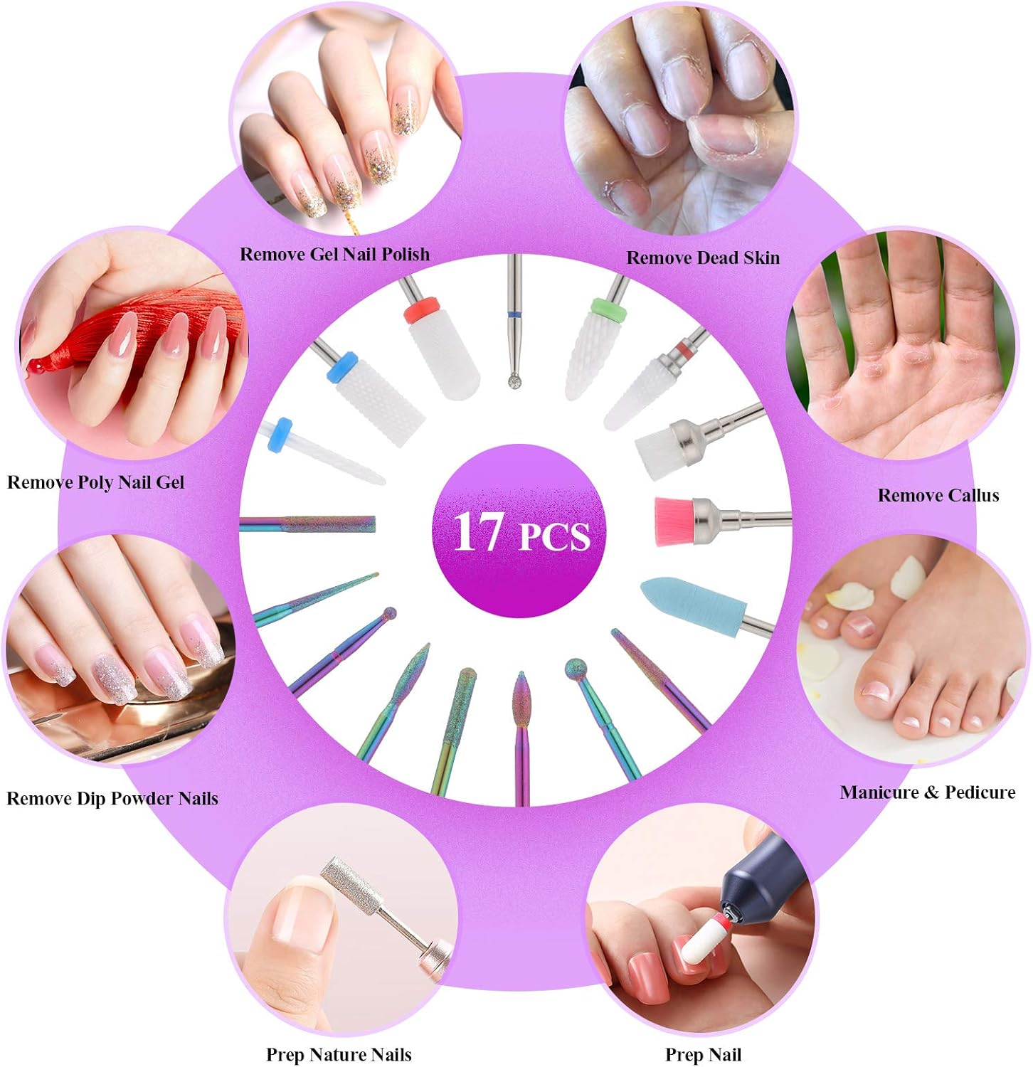 Gukkk 17 Piece Nail Cutter Bit Attachment Set, 7 Pieces Ceramic Nail Cutter Bits and 10 Piece Diamond Bits Set, Professional Removal Gel Acrylic Cuticle for Manicure Pedicure Home Use image number 1