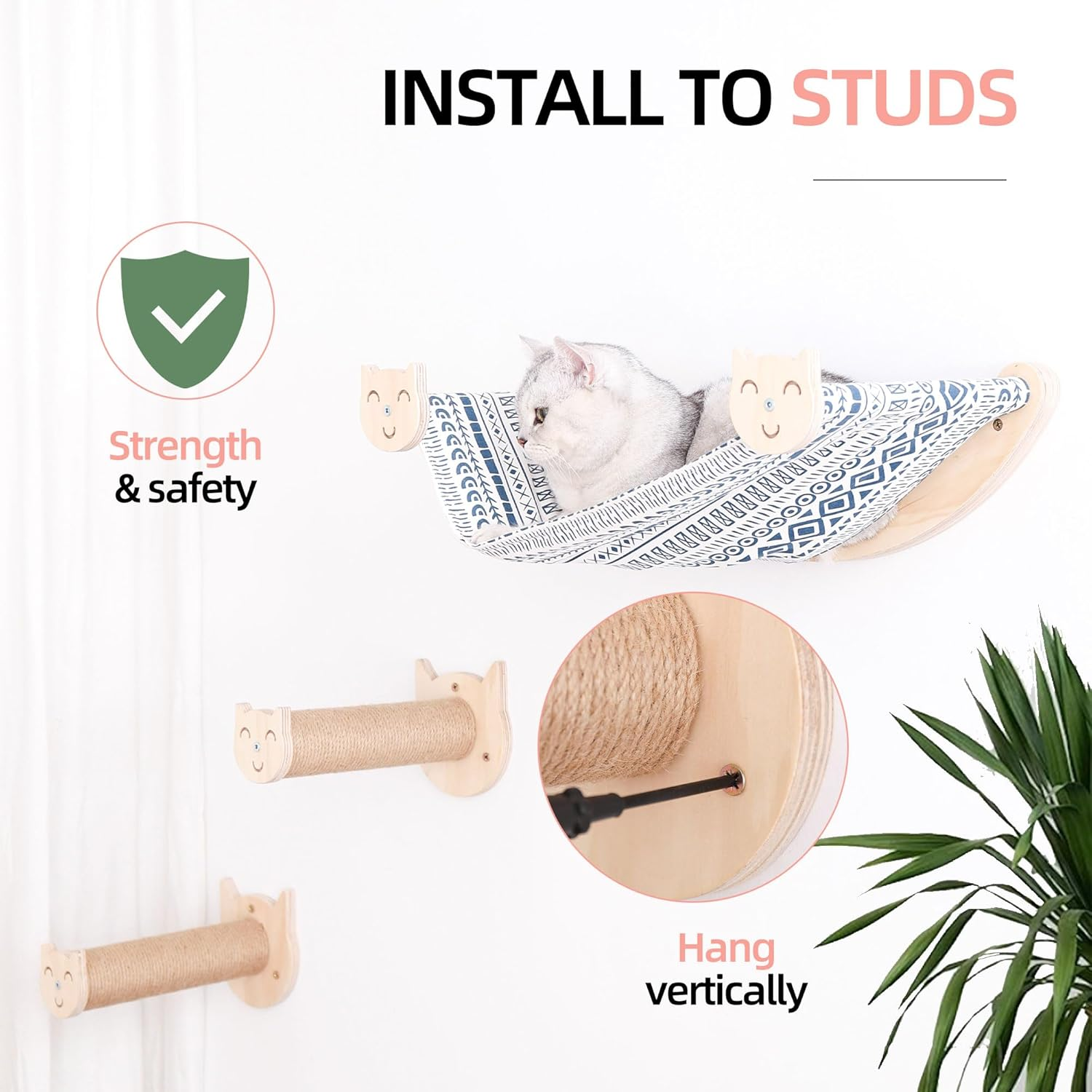 MIUZMORE Cat Furniture, Cat Wall Perch, with 2 Cat Step 2 Fabrics for Hammock - Cat Bed Wall Mounted - Cat Shelves and Perches for Wall - Climbing for Cats image number 1