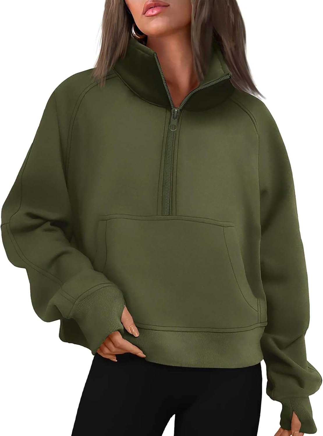 Oyamiki Womens Sweatshirt Long Sleeve Half Zip Pullover Tops Fashion Cropped Hoodie Casual Fall Fleece Lined with Thumb Hole