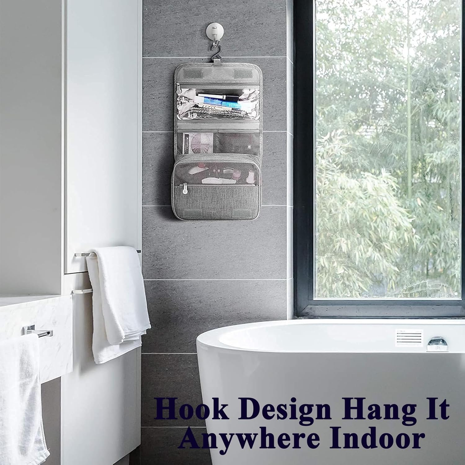 Rhoyee Hanging Toiletry Bag &ndash; Waterproof Travel Toiletries Organizer with Hook, 4-Layer Foldable Makeup & Shower Bag for Men and Women, Compact Bathroom Storage Pouch (Grey)