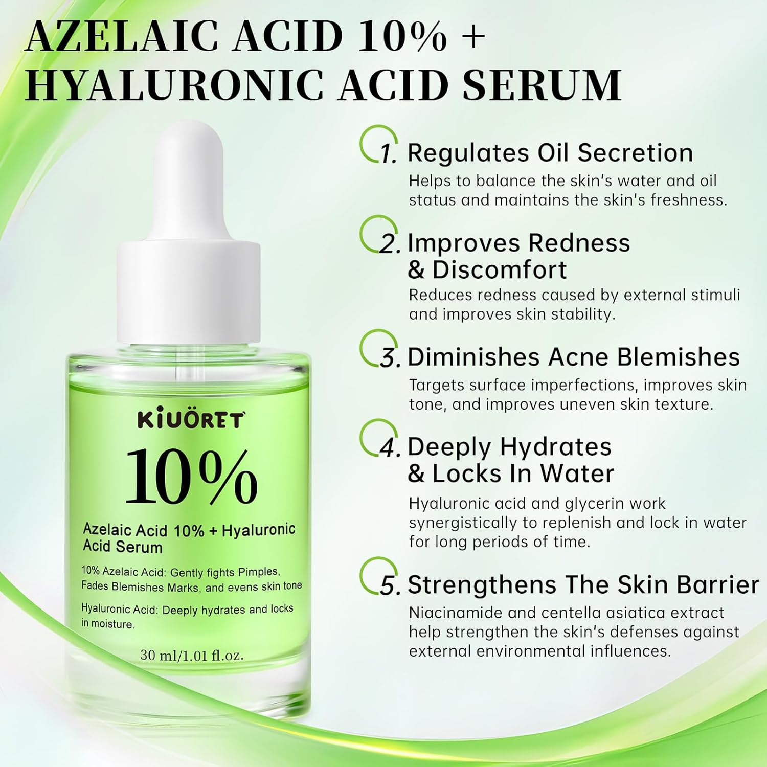 Azelaic Acid Face Serum, Azelaic Acid 10% Hyaluronic Acid Serum for anti Aging, Reduces Acne, Boosts Skin Fimness & Improves Skin Tone, Korean Skincare for All Skins, 30Ml image number 4