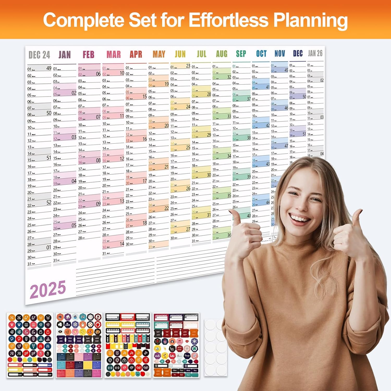 2025 Wall Planner & Yearly Wall Calendar with Colored Stickers, Large Annual Calendar 24"X33" (Open), Foldable Horizontal Poster, 365 Daily Plan Office Home Planner, Blank Paper Chart MRD (Multicolor-M) image number 5
