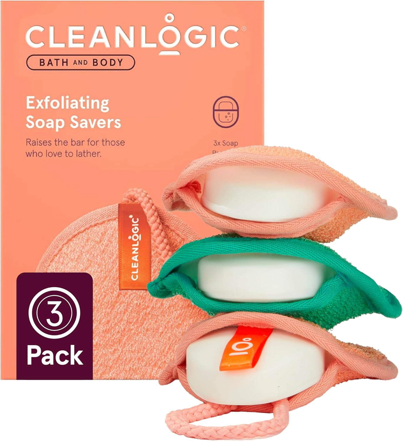 Cleanlogic Bath and Body Exfoliating Soap Savers, Allows Longer Lasting Soap Life, Suitable for Dry and Damaged Skin, Reusable, Daily Skincare Routine, Vegan Friendly, Pack of 3 image number 2