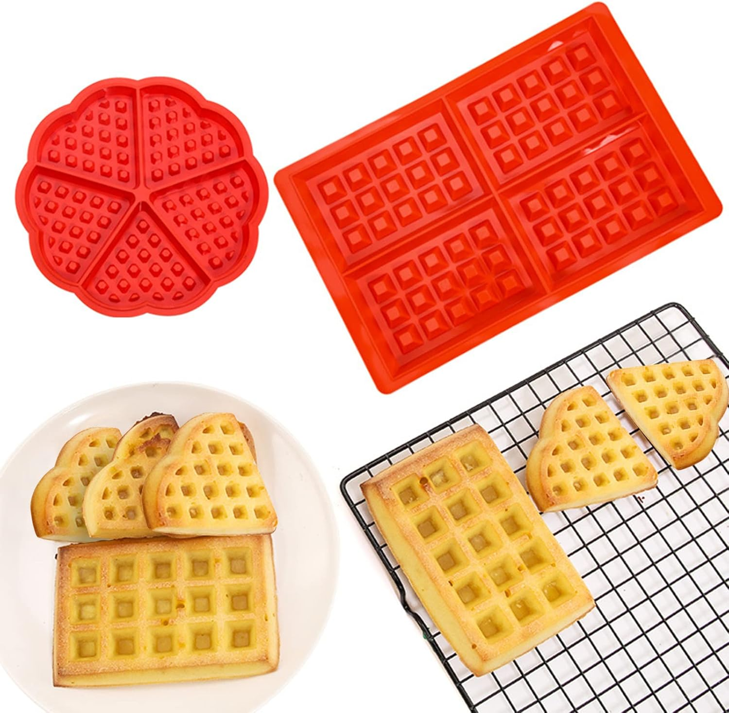 4PCS Silicone Waffle Moulds Rectangle round Heart, Mini Waffle Baking Mold Maker Nonstick, LIOUCBD Cake Chocolate Cookie Candy Gummy Muffin Pans Bakeware DIY Silicone Mould