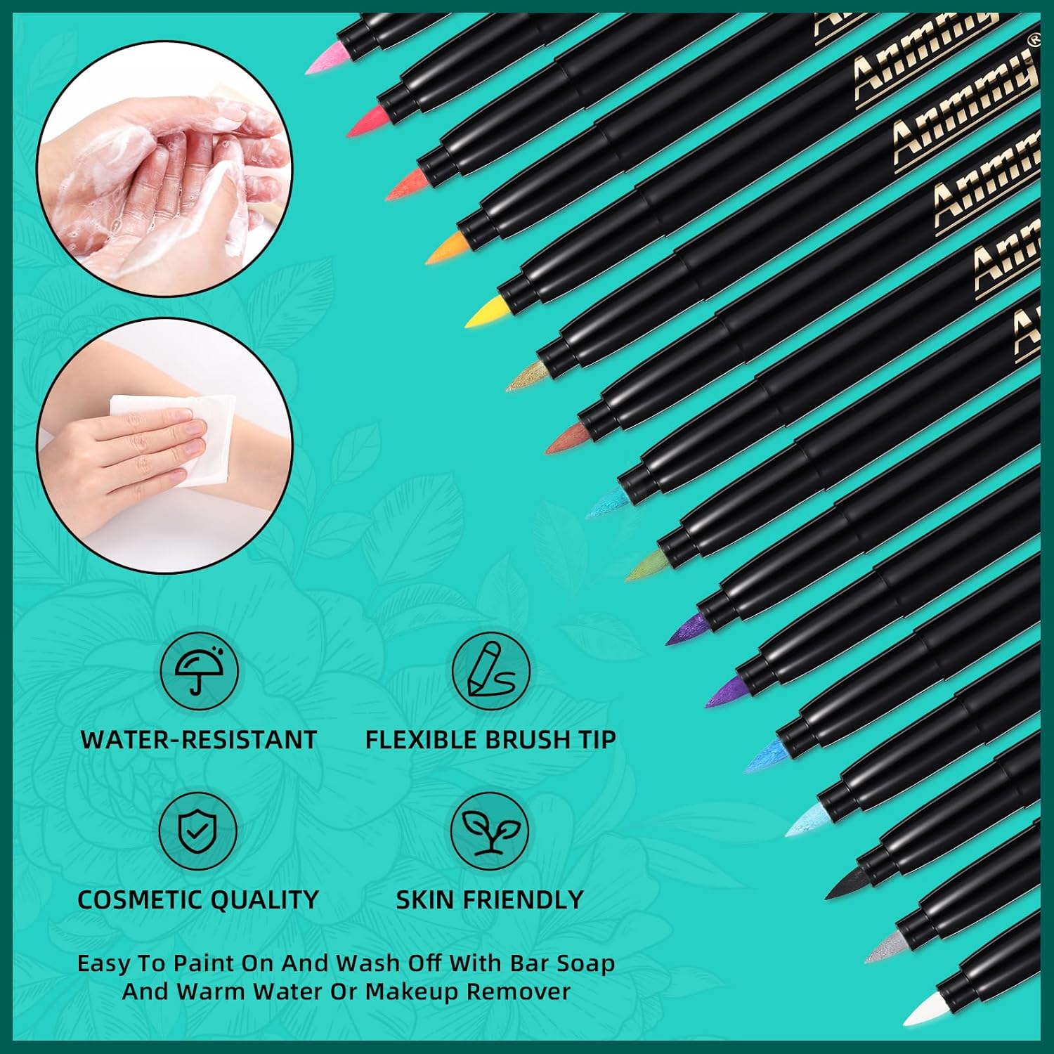 Anmmy Temporary Tattoo Markers for Skin, 16 Body Markers + 77 Assorted Color Large Tattoo Stencils for Kids and Adults, Flexible Brush Tip, Bright Colors, Skin Safe*, Cosmetic Grade. image number 2