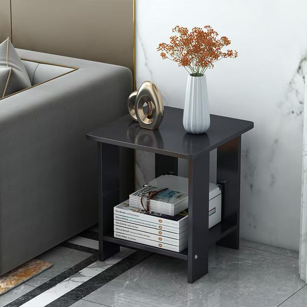 Hbluefat End Table, 19.68In Sofa Side Tea Table, 2-Tier Small Bed Side Table, Wooden Square Low Table for Small Space, Living Room, Bedroom (Grey) - White image number 2