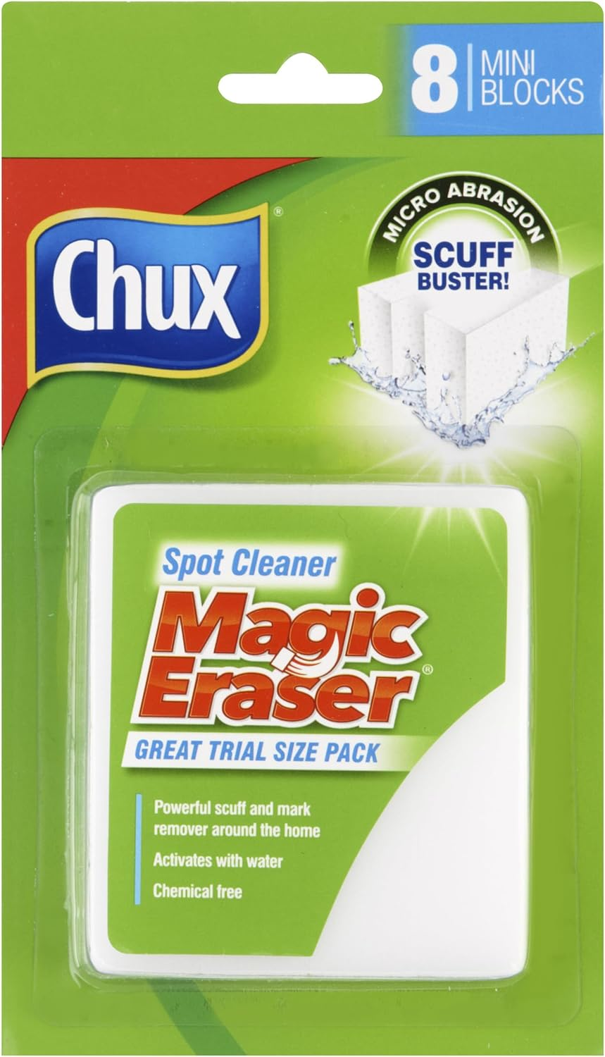 Chux Magic Eraser Spot Cleaner Pad, Powerful Scuff and Mark Remover, Activates with Water Alone, 8 Count