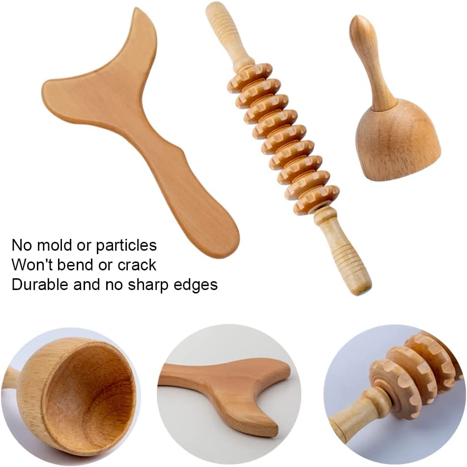 Wood Therapy Massage Tools 3 in 1 Lymphatic Drainage Massager Body Sculpting Tool Maderoterapia Kit Wood Therapy Tools Lymphatic Drainage Tool Wooden Swedish Cup Maderotherapy Colombiana
