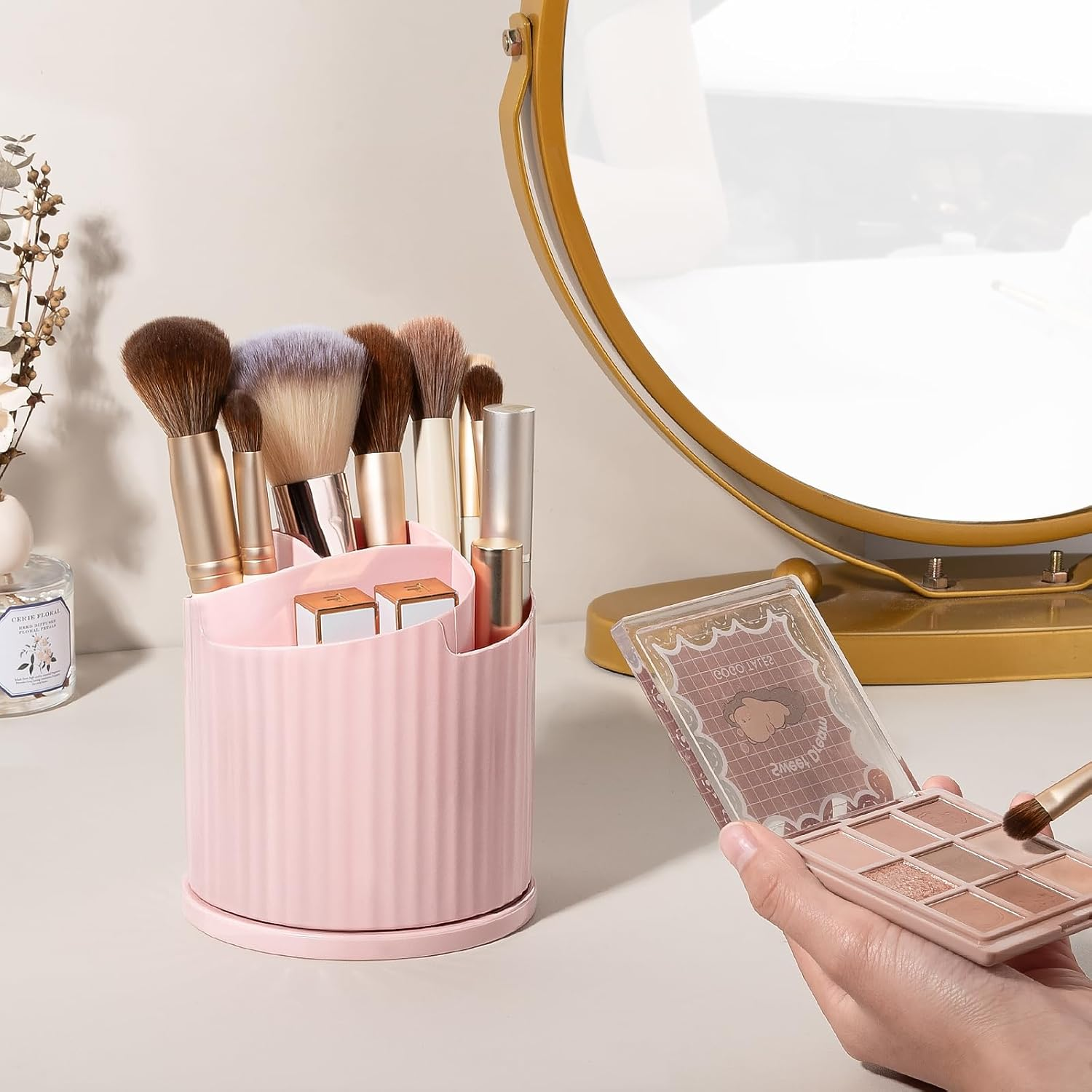 Anyoifax 360 Rotating Makeup Brush Holder Organizer 5 Slots Make up Brushes Cup Flower-Shaped Spinning Pen Holder for Vanity, Cosmetics, Lipsticks, Pink