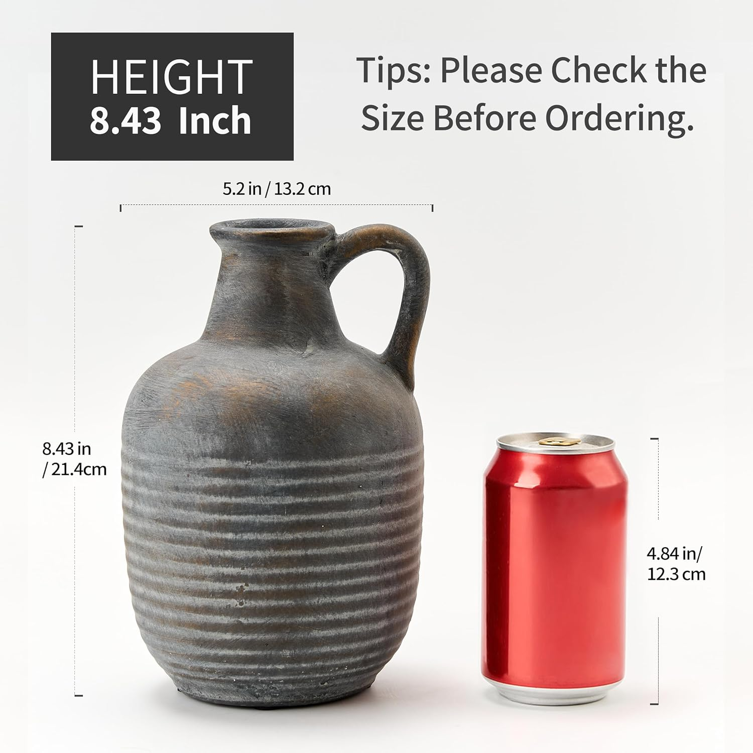 SIDUCAL Rustic Ceramic Farmhouse Flower Vase with 1 Handle-Height 8.43" Terracotta Vase, Unique Textured Pottery Flower Vases for Home Decor, Table, Wedding, Living Room, Shelf Decor, Bronze Black image number 5