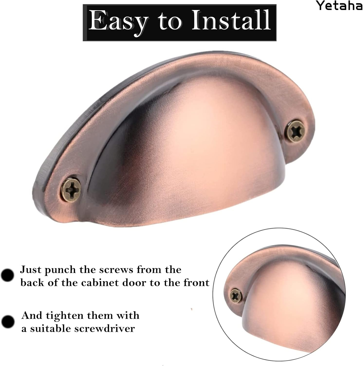 Yetaha Copper Cup Handles, 10PCS Cabinet Cup Pull Handle, Retro Shell Cup Handles, 82X35Mm Vintage Kitchen Cupboard Pulls Furniture Knob with Screws Suitable for Drawer Dresser, Door (Red Copper) image number 5