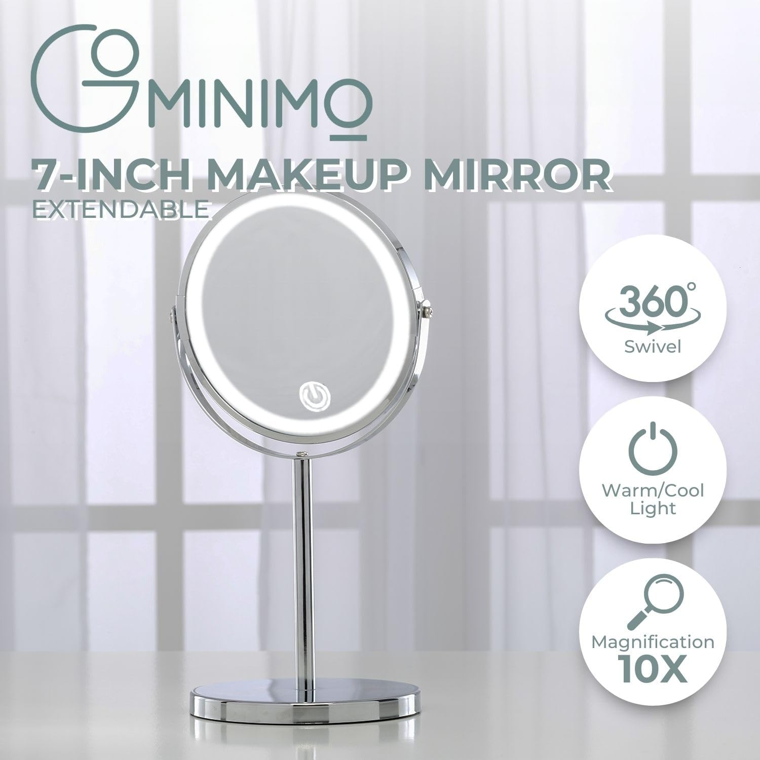 Gominimo 7 Inch LED Makeup Mirror With10X Magnification, 360-Degree Rotation, Gentle LED Illumination, Double Folding Design, Elegant Silver Finish image number 1