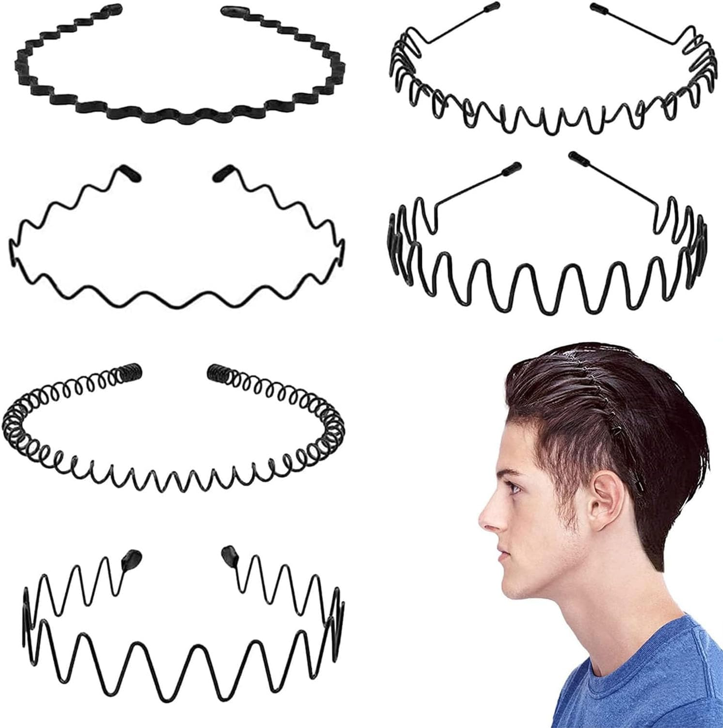 6 Pcs Metal Hair Bands, Spring Wavy Hoop Unisex Black Headband Slicked Back Non Slip Sports Hairband for Women Men, Elastic Non Slip Simple Headwear Accessories image number 3