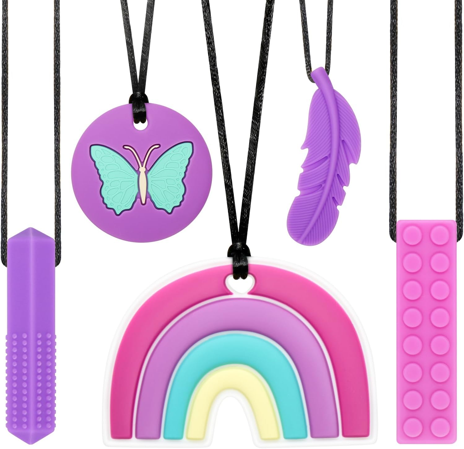 MR.TIMELAG Chew Necklaces for Adults and Babies - Butterfly 5-Piece Set, Bpa-Free Silicone Sensory Chew Necklaces for Anxiety Relief, Easy to Hold, with Massage Blocks to Relieve Teething Pain image number 5