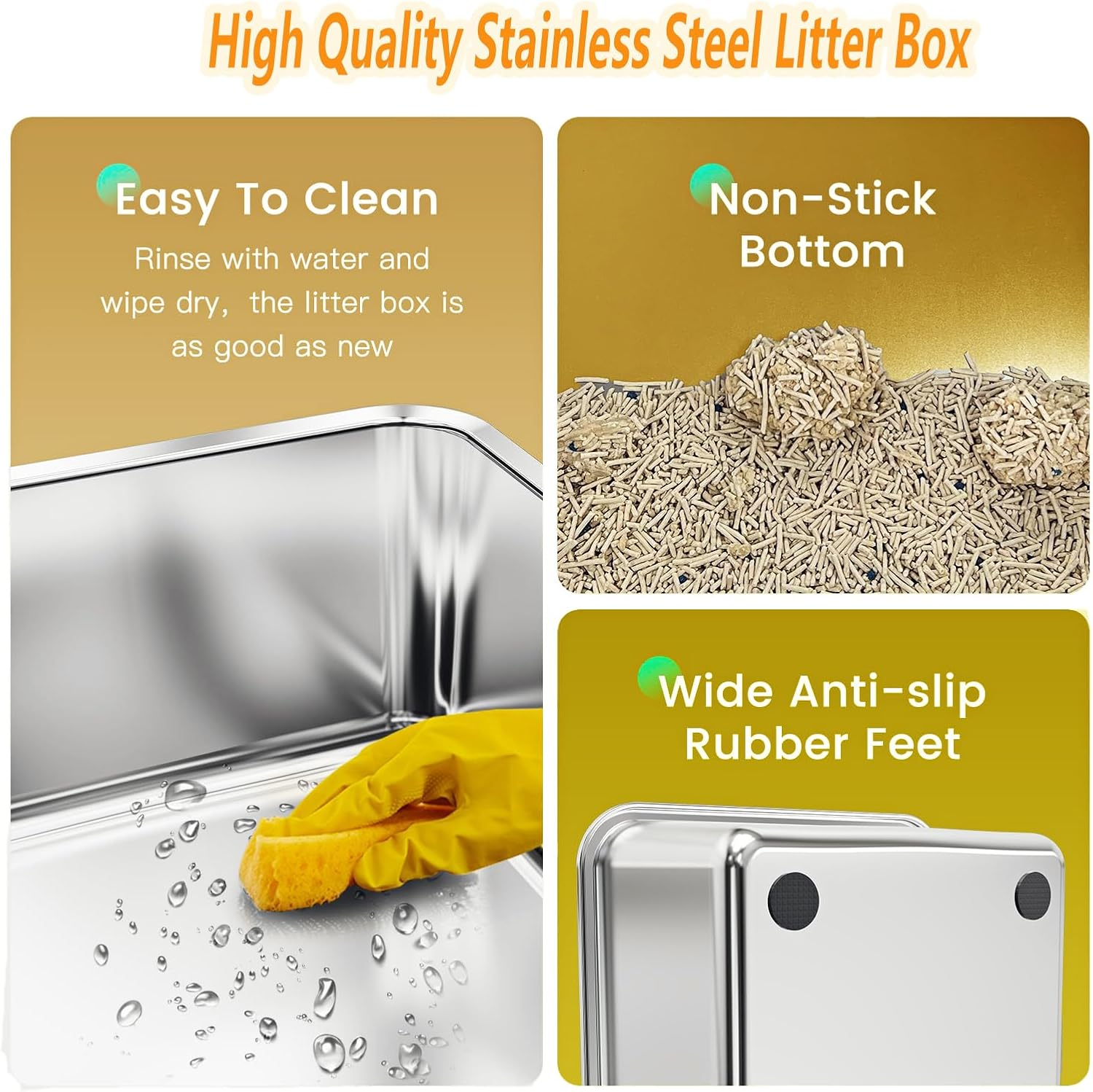 Stainless Steel Cat Litter Box Set - XXL High-Sided Tray with Scoop and Cat Litter Mat, Non-Stick and Leak-Proof, Easy to Clean, 60&times;40&times;31.5 Cm (Gray) image number 1