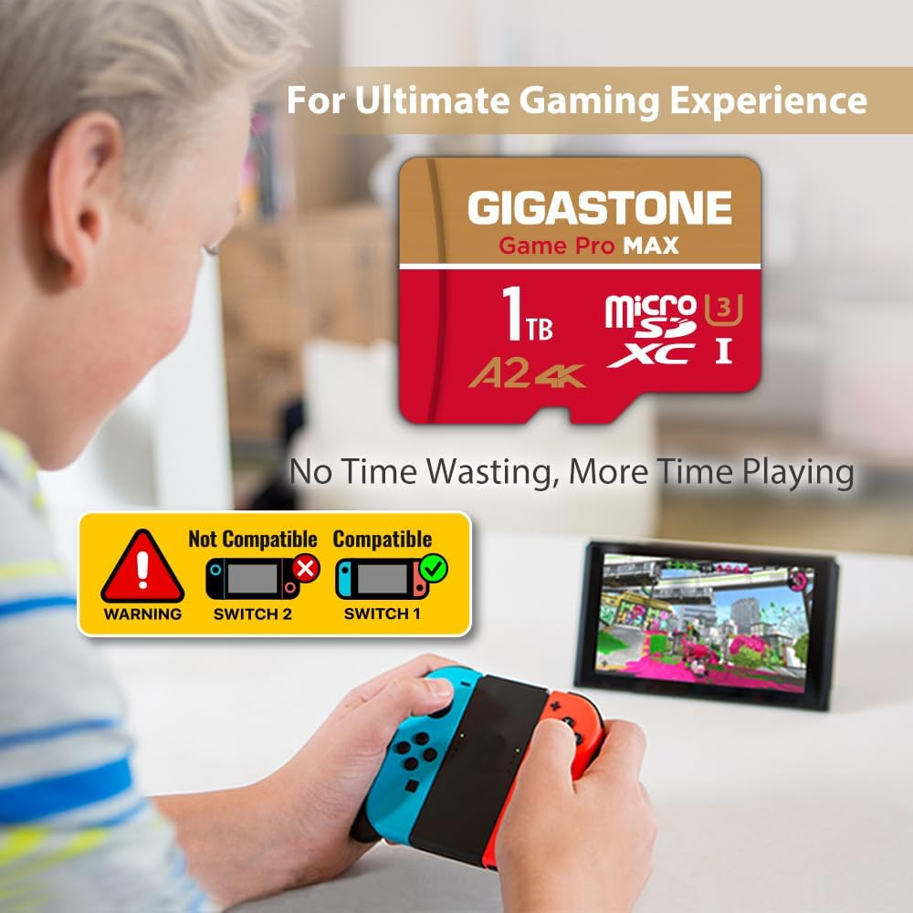 [5-Yrs Free Data Recovery] GIGASTONE 1TB Micro SD Card, 4K Game Pro MAX, Microsdxc Memory Card for Nintendo-Switch 1, Gopro, Action Camera, DJI, UHD Video, R/W up to 100/90 Mb/S, UHS-I U3 A2 V30 C10 image number 4