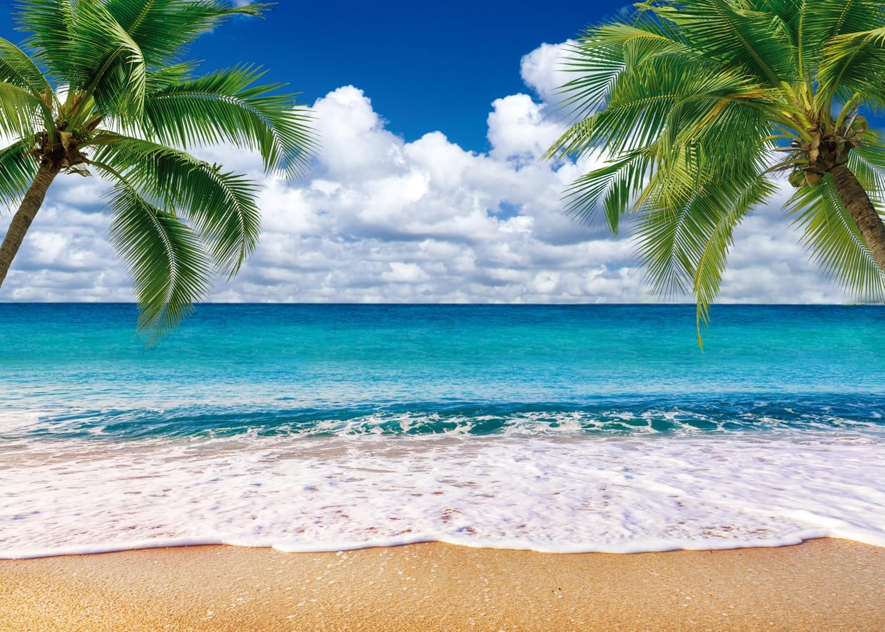 SJOLOON Summer Sea Backdrop Tropical Beach Plants Photo Backdrop Hawaiian Ocean Blue Sky Background for Theme Party Supplies Studio Props 12692(7X5Ft)