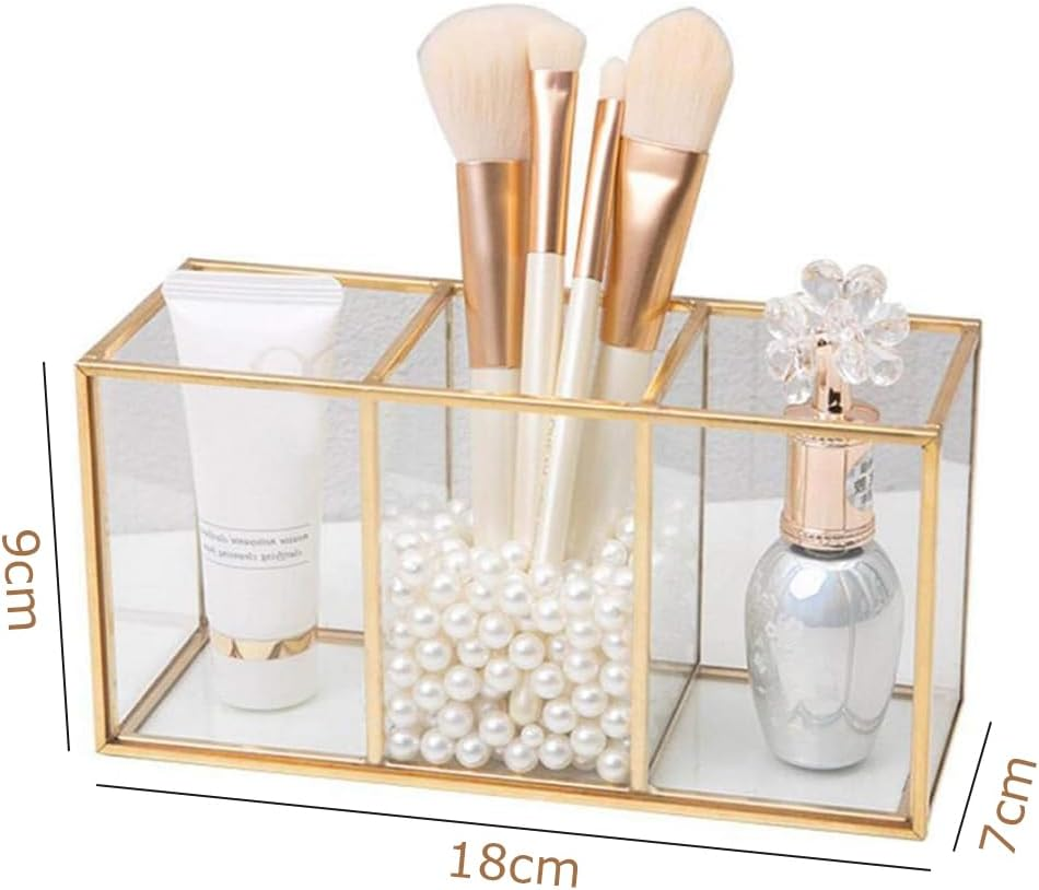 3-Section Glass Makeup Brush Holder, Gold Frame Cosmetic Organizer, Vanity Toiletries Storage Box, for Forbeauty Tool Brushes & Lipsticks image number 4
