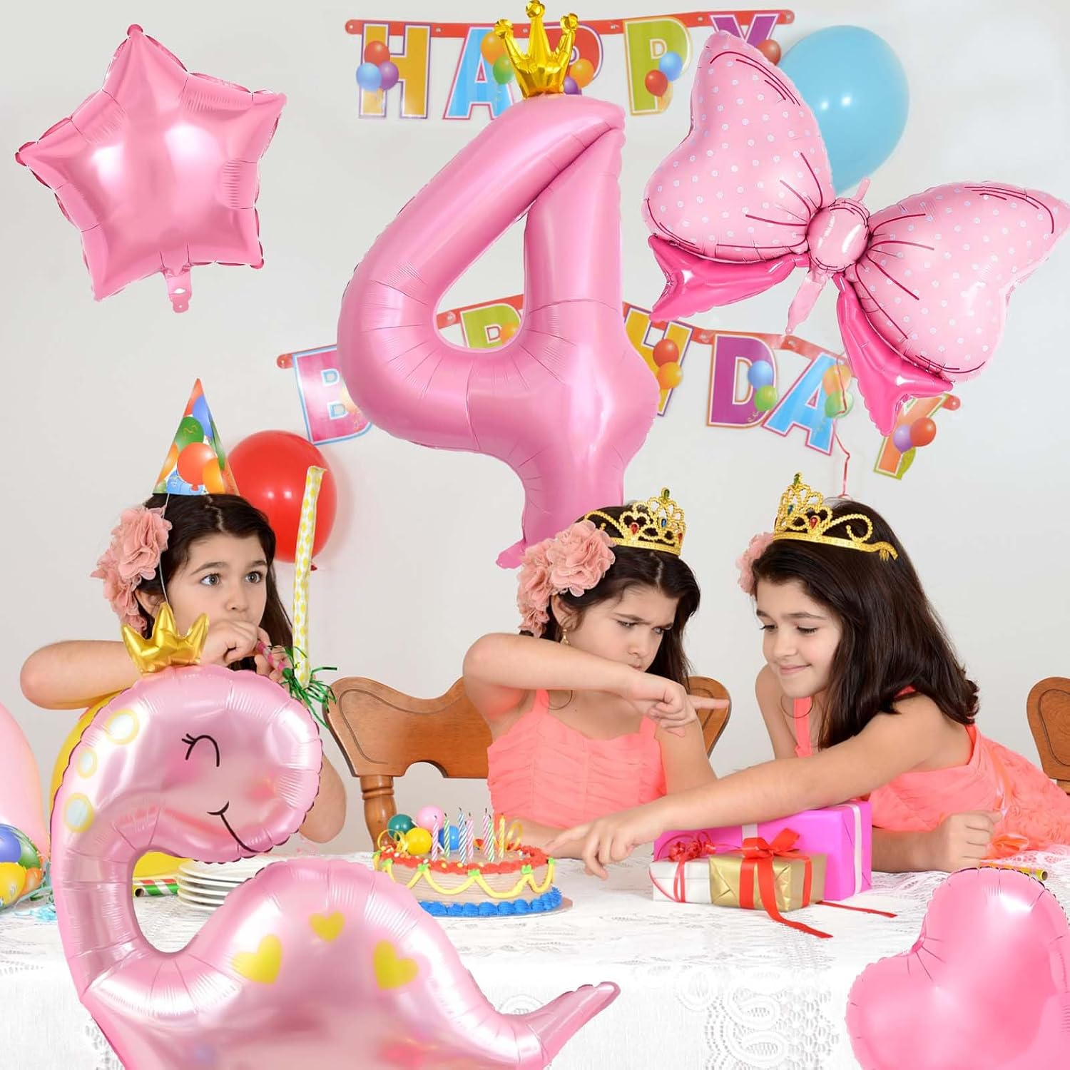 40 Inch Number Balloon Pack, Cute Crown Dinosaur and Star Bow Heart, Pastel Pink Dino Birthday Decoration for Girls (4) image number 3