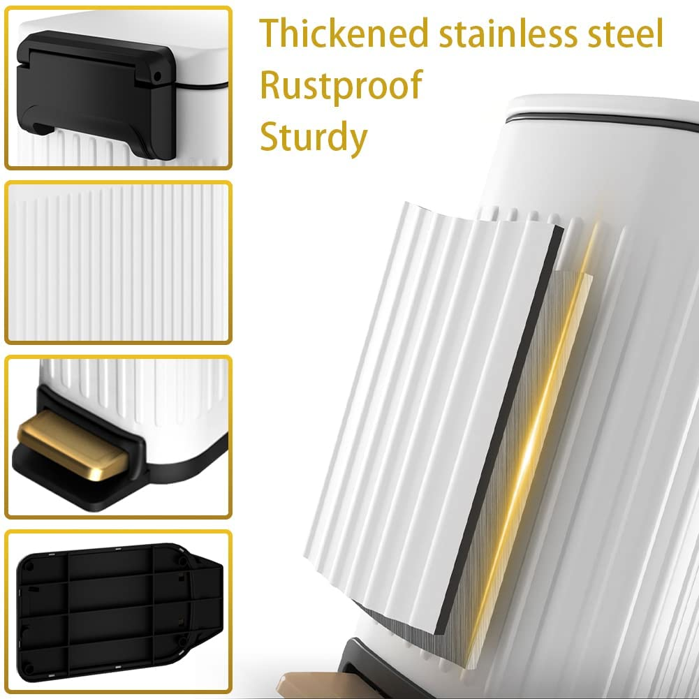 Small Trash Can with Lid Soft Close 6 Liter Stainless Steel Rectangular Slim Trash Bin with Metal Pedal Removable Inner Wastebasket for Bathroom Bedroom, Kitchen, Powder Room, Office, White - White image number 2