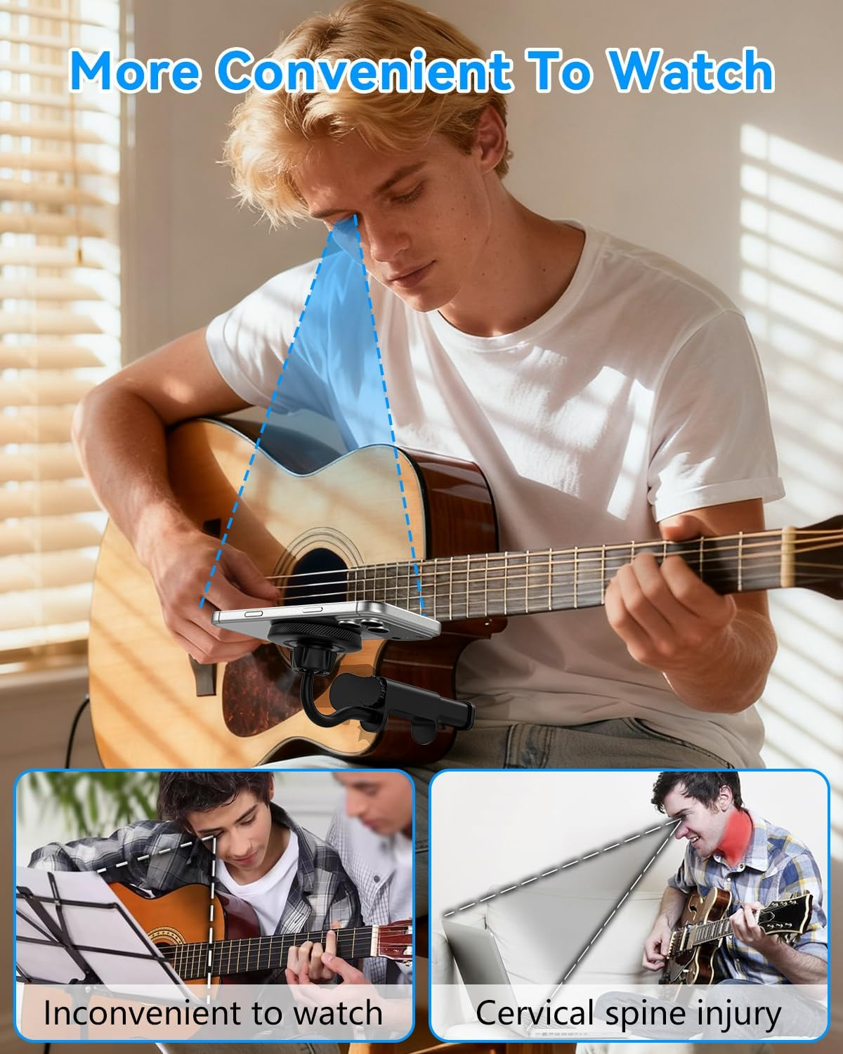 ALAFLY Guitar Head Phone Holder - Universal Smartphone Mount for Guitar, Bass, Ukulele, 360&deg; Rotating & Adjustable Ideal for Video Recording/Live Streaming/Online Teaching