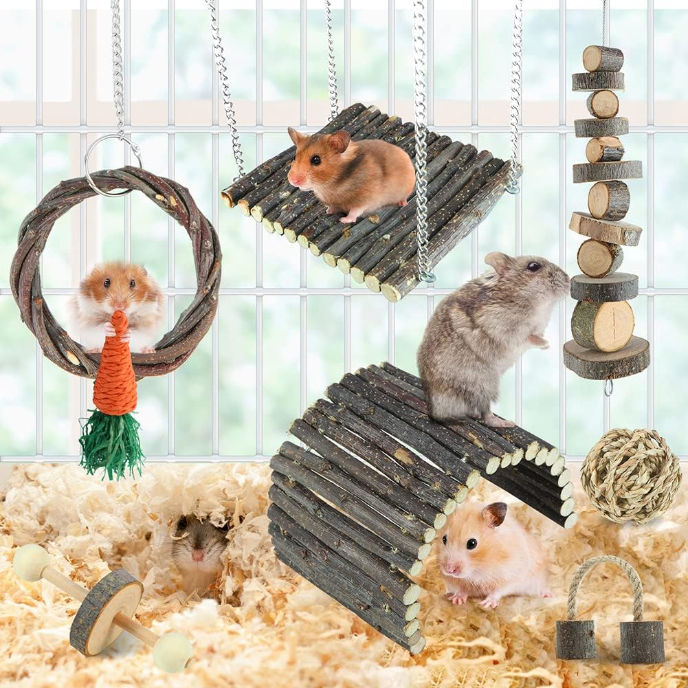 Hamster Toys Rat Toys Chinchilla Toys Hamster Chew Toys Cage Accessories Apple Wood Sticks Ladder Bell Roller for Gerbil Guinea Pigs and Other Small Animal image number 1
