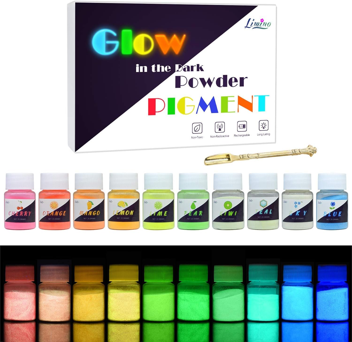 Glow in the Dark Pigment Powder - 10 Color X 25G Epoxy Resin Color Pigment Dyes for DIY Slime Coloring Kit - Luminous Skin Safe Self Glowing for Acrylic Paint, Nail Art, Painting, Crafts - 0.88Oz Each image number 3