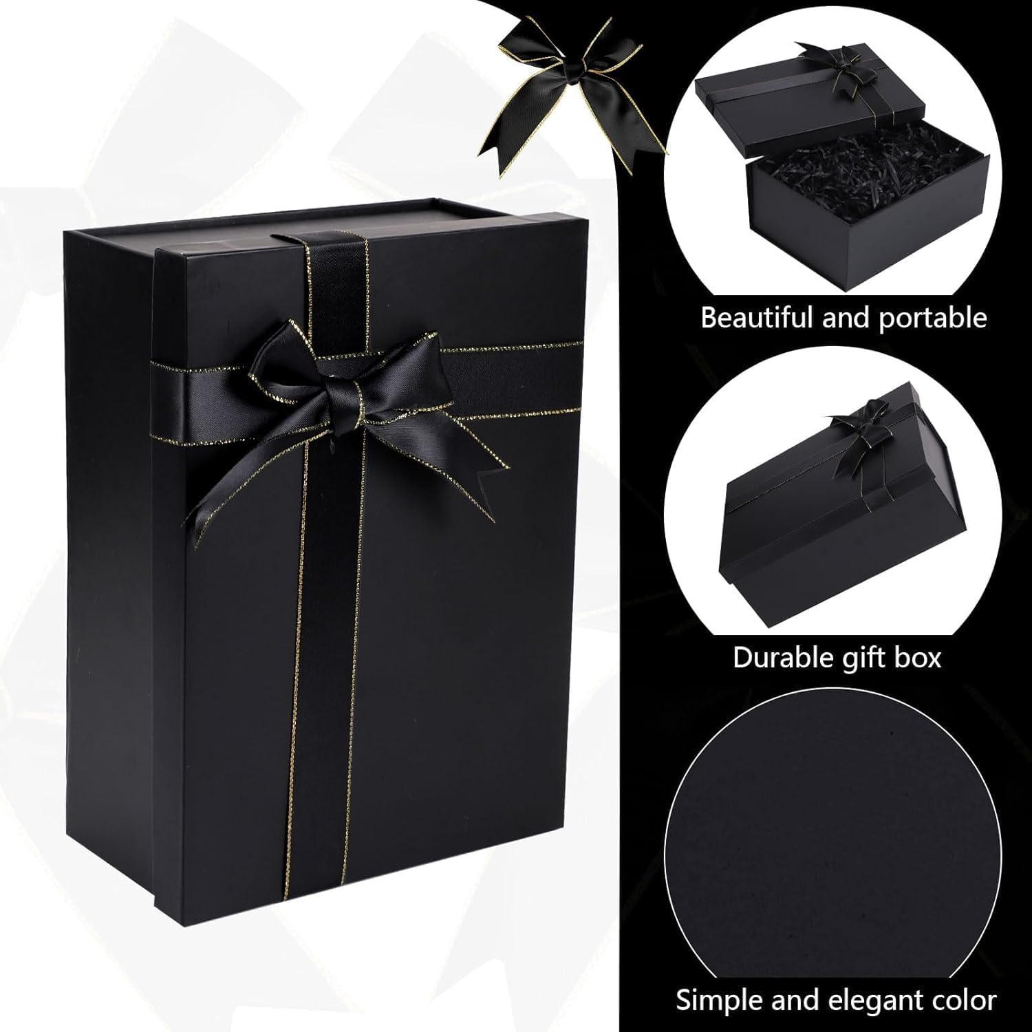 PQCLXUYA Black Gift Boxes,8.6" X 6.3" X 3.3" Gift Boxes with Lids,Luxury Gift Boxes,With Ribbon Bow, Gift Bags,Card and Shredded Paper Filler Family, Friends, Children or Clients (Black)