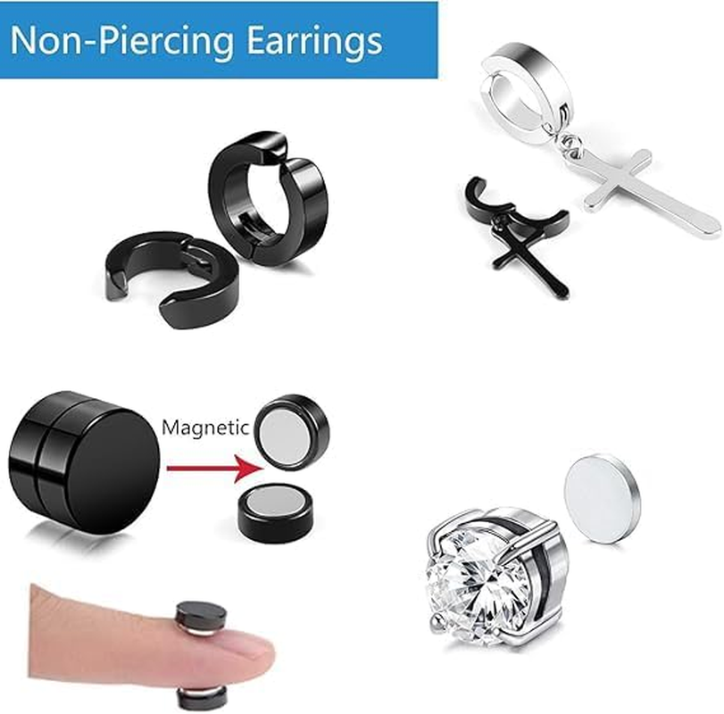 8 Pairs Non-Piercing Earrings Stainless Steel Magnetic Stud Earrings Cross Dangle Hoop Earrings Clip on Earring Set CZ Inlaid for Men Women Fake Gauges Earrings Black Silver image number 1