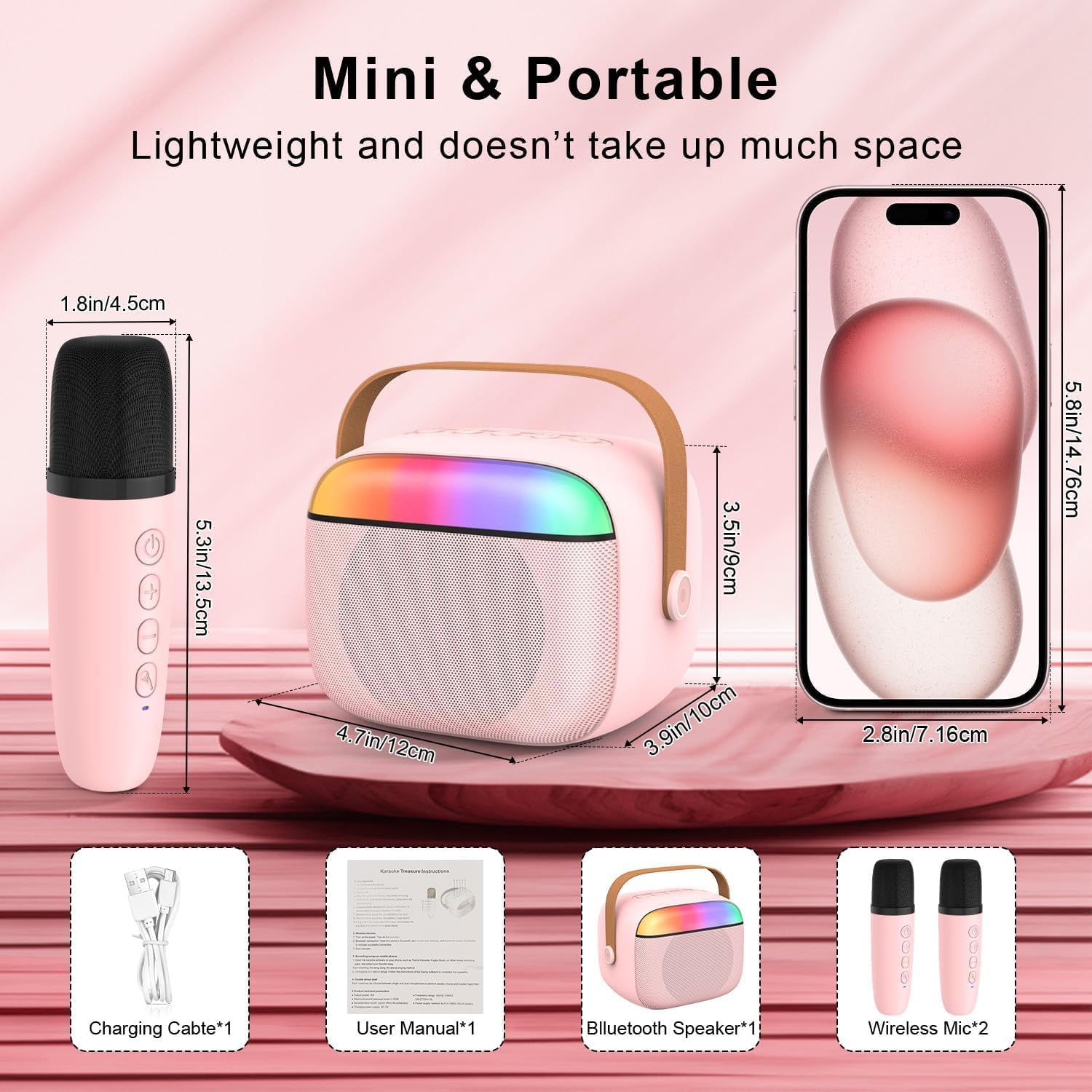 Karaoke Machine for Kids Adults, Mini Portable Bluetooth Speaker with 2 Wireless Microphone, Kids Toys Birthday Gifts for Girls Ages 4-12 +Year Old Family Home Party (Pink) image number 4